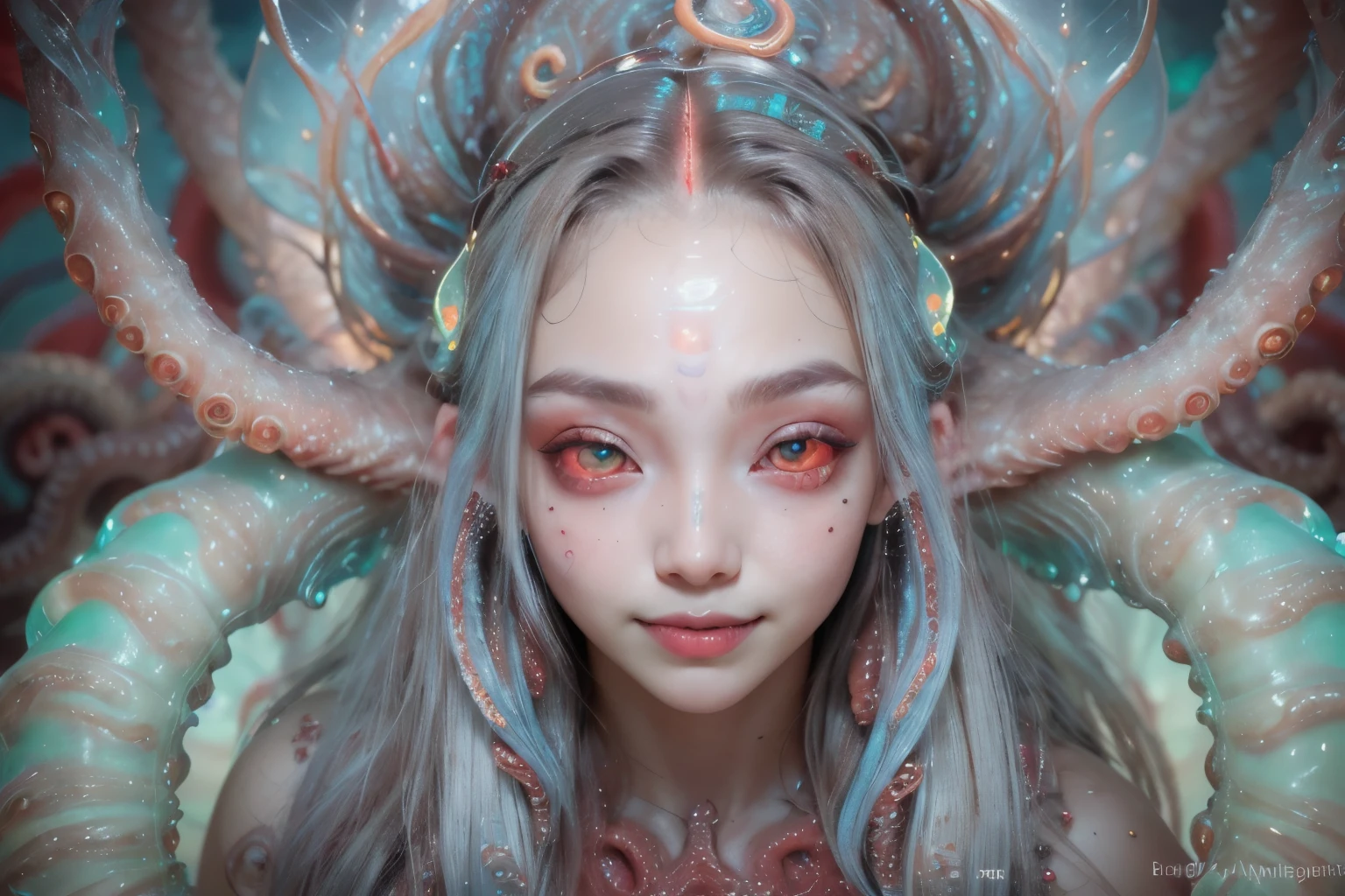 scary and sexy detailed art in color, Portrait, (beautiful and obscene female alien:1.4), (vulgarity1.5), (she has glowing red eyes with no pupils:1.8), (Translucent skin:1.7), ((There is a female genital-like organ in the middle of the forehead:1.9)), (The most beautiful face in the history of the universe:1.2),an evil gaze that seduces, (large mouth:1.1), (sharp teeth like a vampire:1.2), Full body portrait, (bio luminescent:1.5), (Smile wickedly:1.3), (sexypose:1.5), incredibly beautiful matured alien, (she has unparalleled beauty:1.5), No humans, cells are fused, (Lots of translucent tentacles:1.6) extraterrestrial, cell, bio image, best quality, 8K,In 4K_quality, High freshness, Dramatic Lighting, masterpiece:1.5, cinematic quality, detail up, (exquisite details:1.2), high resolution, High freshness, drawing faithfully, (Thick eyebrows:1.2), Beautiful eyes with fine symmetry, (Highly detailed face and eyes:1.2), (Super detailed skin quality feeling:1.1), perfect anatomy, (Beautiful toned body:1.5), (Moist skin:1.2), not wearing makeup, (dark circles:1.1), long canines, cinematic drawing of characters, ultra high quality model, cinematic quality, detail up, (exquisite details:1.2), high resolution, High freshness, drawing faithfully, official art, Unity 8K Wall , 8K Portrait, best quality, Very high resolution, ultra detailed artistic photography, midnight aura, unreal engine 5, Ultra Sharp Focus, art by Amano Yoshitaka, ArtGerm, Roisch, intricate artwork, best quality, masterpiece, ultra high resolution, (photos realistic:1.4), ultra realistic realism, dream-like, nautilus, Creation of fantasy, Dream Snail, (biopunk nautilus:1.3),Thrilling color schemes, ultra realistic realism, seductively smiling, (white tentacles with stripes:1.2), subtle emerald green accents, (expression of ecstasy:1.6) , in the dark, she has snake-like eyes