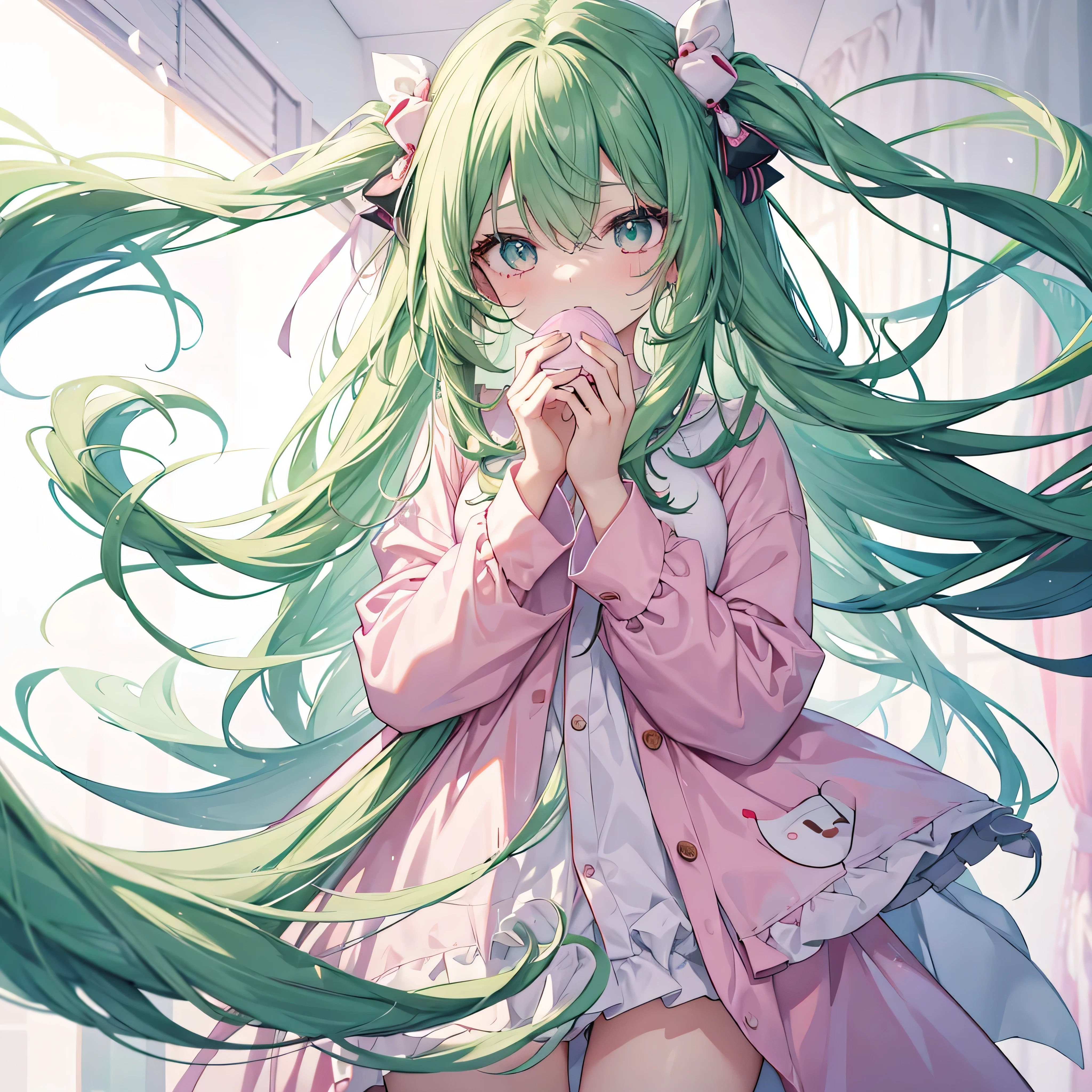 1 girl, , very long hair that completely covers the eyes, I can barely see, dark green hair, Height: 150cm, slender body shape, cute facial features, She wears white pajamas with lots of pink heart symbols on them., The pajamas are clean white and look cute., The pajamas themselves are a unique feature, anime style, flat high quality illustration, high angle shot, white background