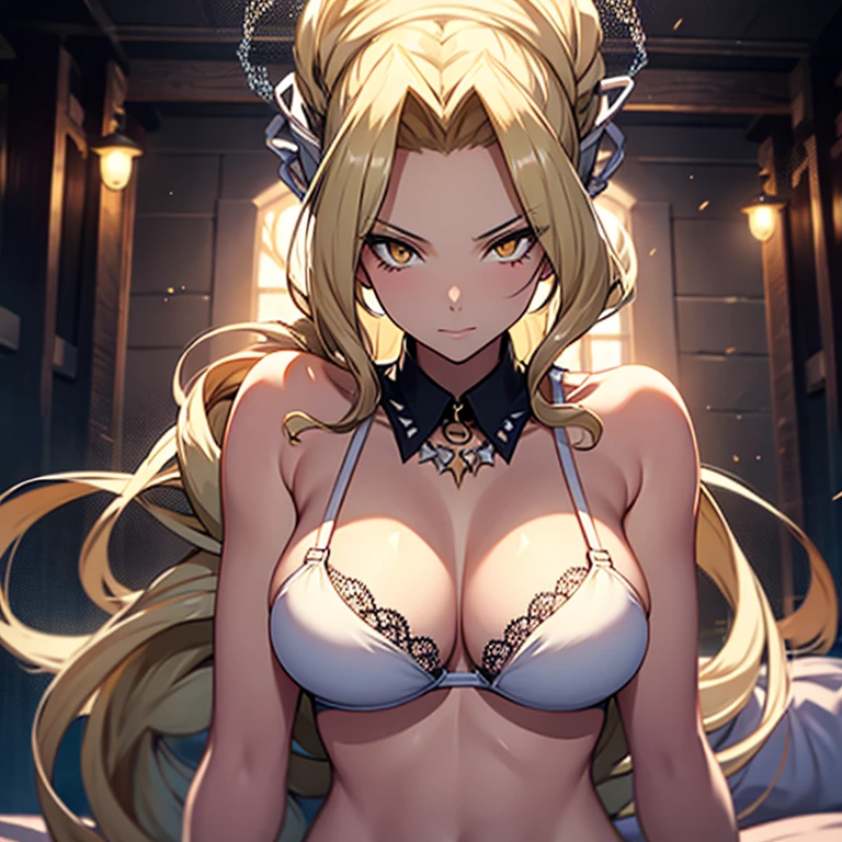 Blonde hair, yellow eyes, sexy, large breasts, beautiful body, white bra, white lingerie, white underwear, bed