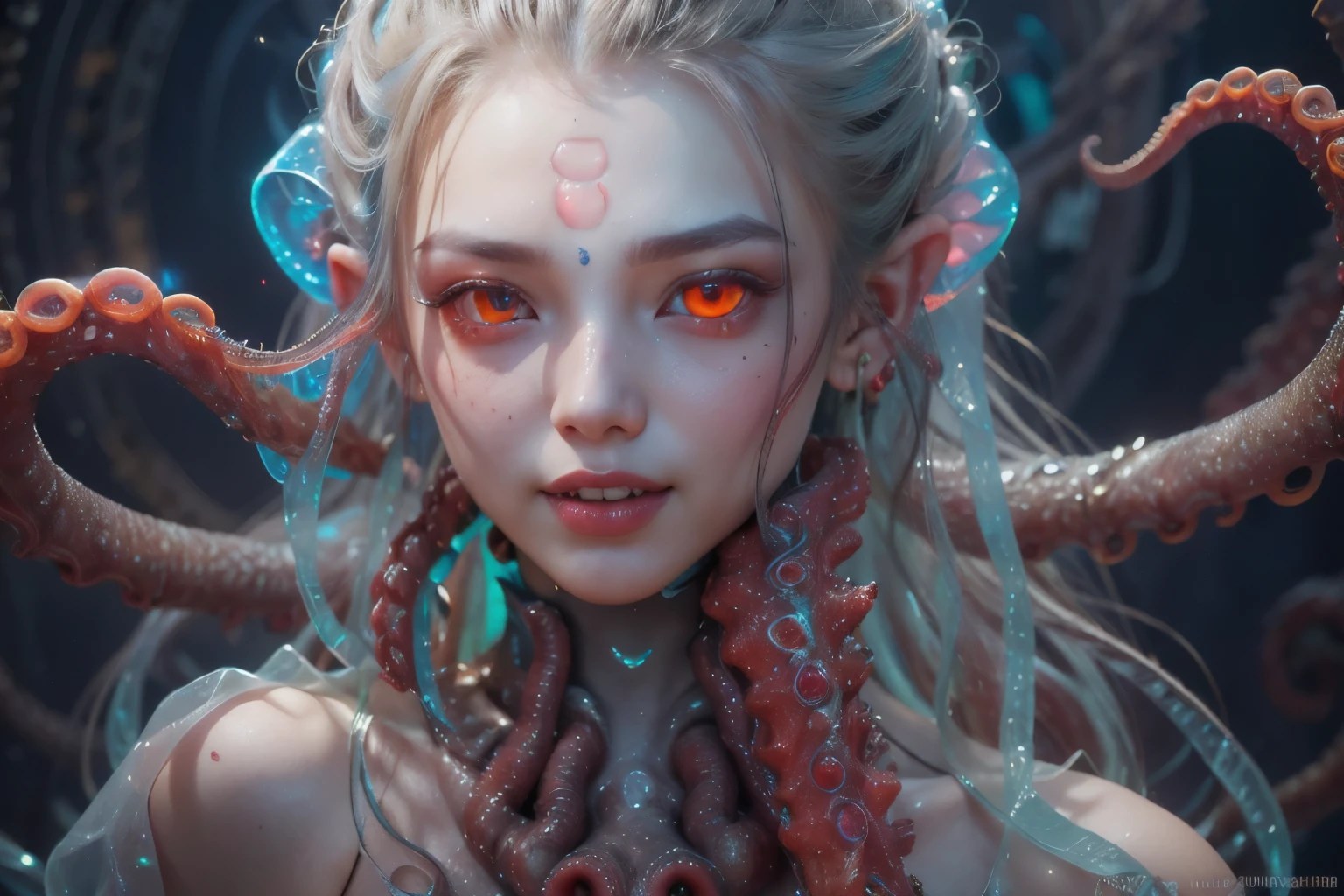 scary and sexy detailed art in color, Portrait, (beautiful and obscene female alien:1.4), (vulgarity1.5), (she has glowing red eyes with no pupils:1.8), (Translucent skin:1.7),  ((There is a female genital-like organ in the middle of the forehead:1.9)), (The most beautiful face in the history of the universe:1.2),an evil gaze that seduces, (large mouth:1.1), (sharp teeth like a vampire:1.2), Full body portrait, (bio luminescent:1.5), (Smile wickedly:1.3),  (sexypose:1.5), incredibly beautiful matured alien, (she has unparalleled beauty:1.5),  No humans, cells are fused, (Lots of translucent tentacles:1.6) extraterrestrial, cell, bio image, best quality, 8K,In 4K_quality, High freshness, Dramatic Lighting, masterpiece:1.5, cinematic quality, detail up, (exquisite details:1.2), high resolution, High freshness, drawing faithfully, (Thick eyebrows:1.2), Beautiful eyes with fine symmetry, (Highly detailed face and eyes:1.2),  (Super detailed skin quality feeling:1.1), perfect anatomy,  (Beautiful toned body:1.5),  (Moist skin:1.2), not wearing makeup, (dark circles:1.1), long canines, cinematic drawing of characters, ultra high quality model, cinematic quality, detail up, (exquisite details:1.2), high resolution, High freshness, drawing faithfully, official art, Unity 8K Wall  , 8K Portrait, best quality, Very high resolution, ultra detailed artistic photography, midnight aura,  unreal engine 5, Ultra Sharp Focus, art by Amano Yoshitaka, ArtGerm, Roisch, intricate artwork, best quality, masterpiece, ultra high resolution, (photos realistic:1.4), ultra realistic realism, dream-like, nautilus, Creation of fantasy, Dream Snail, (biopunk nautilus:1.3),Thrilling color schemes, ultra realistic realism, seductively smiling, (white tentacles with stripes:1.2), subtle emerald green accents, (expression of ecstasy:1.6) , in the dark, she has snake-like eyes