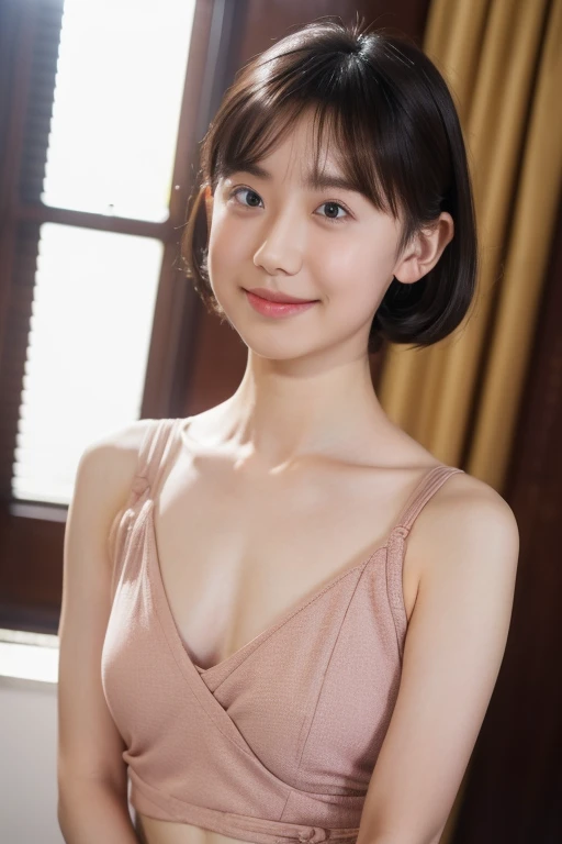 Neat elementary school girl, (small person), (slim, small, flat, small), short black hair, realistic, detailed, fine skin texture, ultra detail, delicate sexy clavicle, smile, 超detailedな顔, detailed lips, fine eyes, (A ****************)、delicate eyebrows、((baby face))、professional photography、((looking at the viewer))、studio photography、Horizont Studio、((bra top)),((no makeup))With bangs,(messy hair),(traditional japanese room)watercolor ink style rendering， And it looks and feels beautiful,(((sit on the bed)))(((textbook)))
