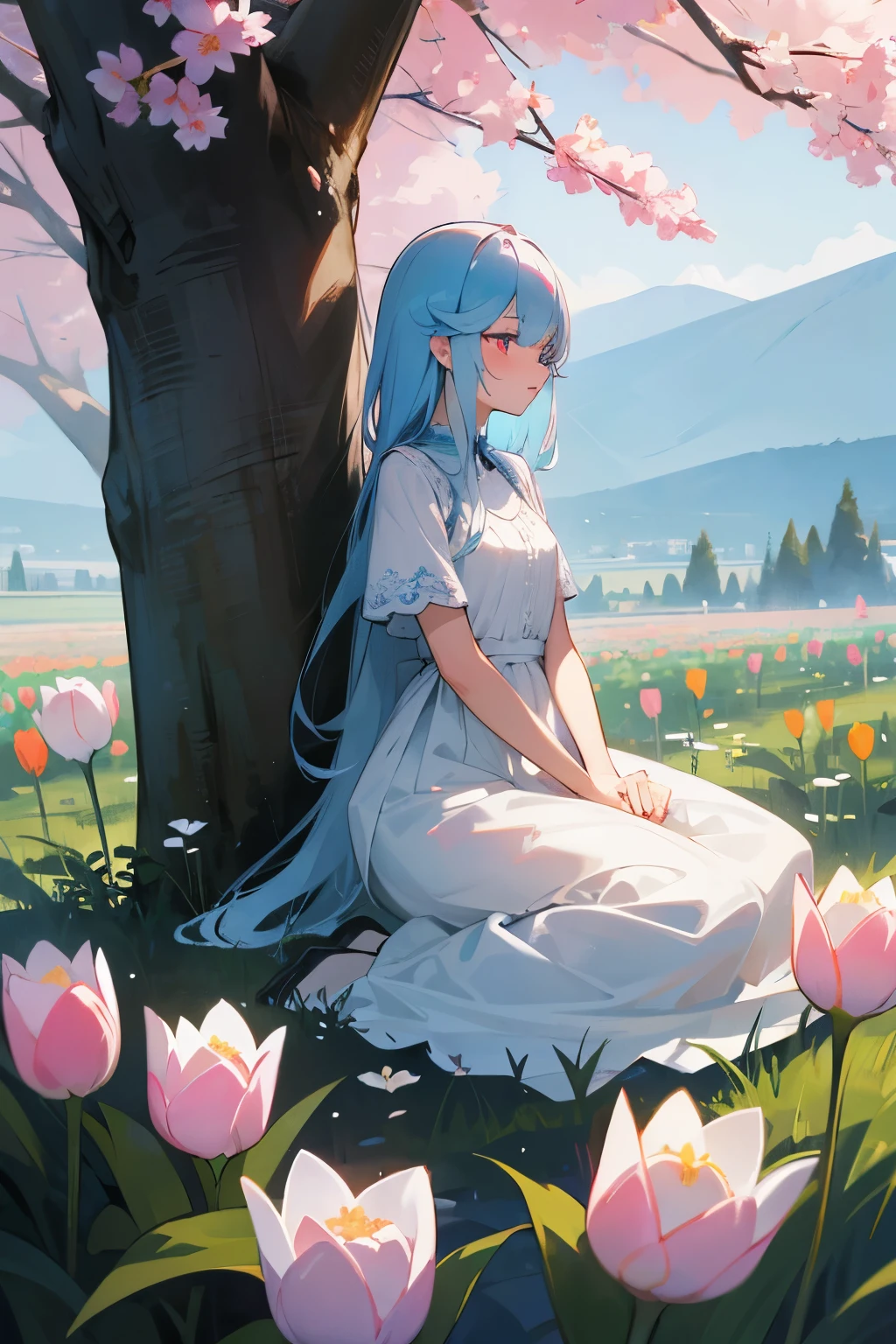 A girl is very high definition。Light blue hair, tall figure，Then sit in the flowers。The flowers are mainly tulips and champagne roses, with a few looming mountains in the distance.。There is a cat next to the girl&#39;s hand. It is a ragdoll cat with heterochromatic pupils.