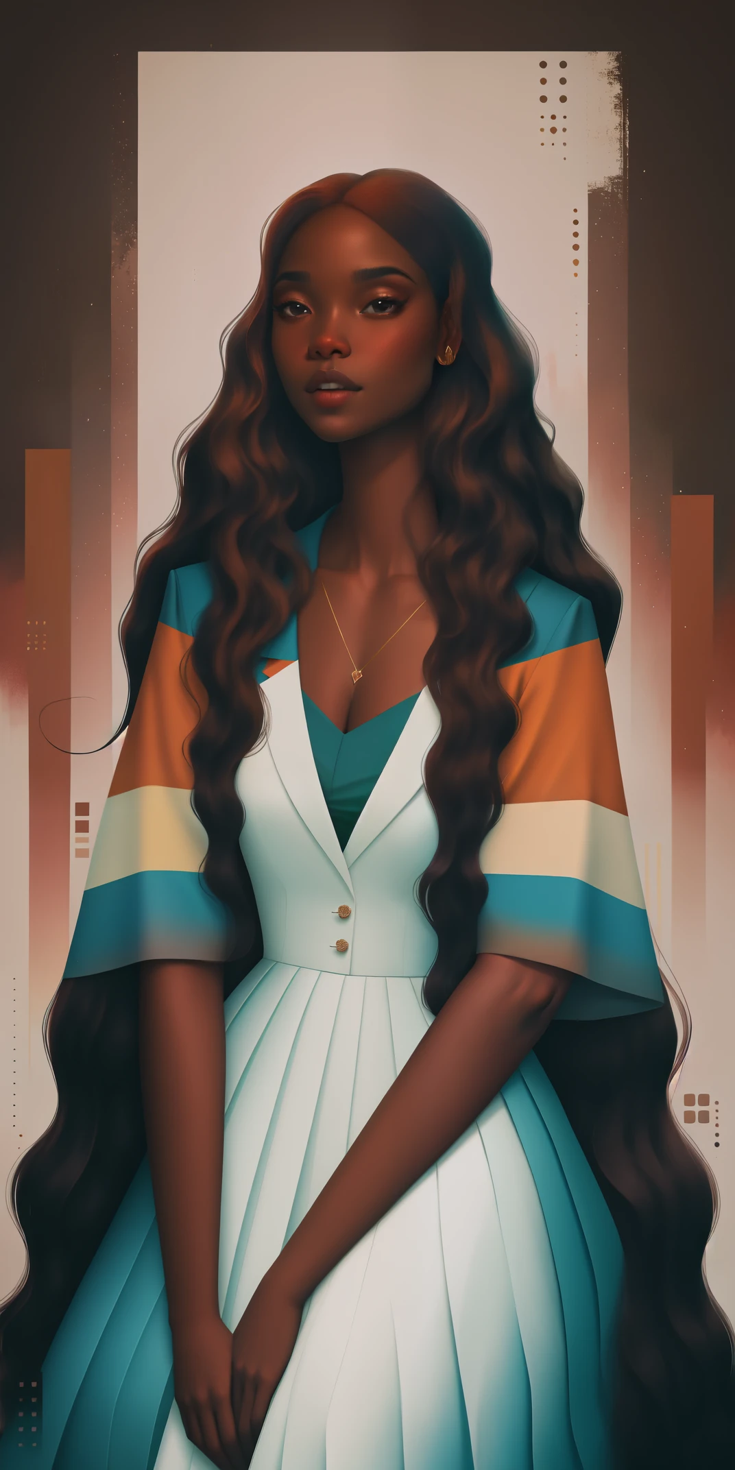 A Congolese black woman with rich dark brown skin, content expression, beautiful, 1woman, intricate detail, long wavy hair, abstract accents in the background 