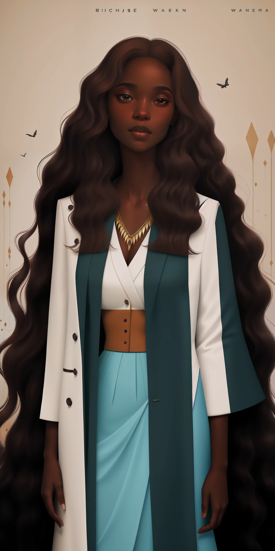 A Congolese black woman with rich dark brown skin, content expression, beautiful, 1woman, intricate detail, long wavy hair, abstract accents in the background