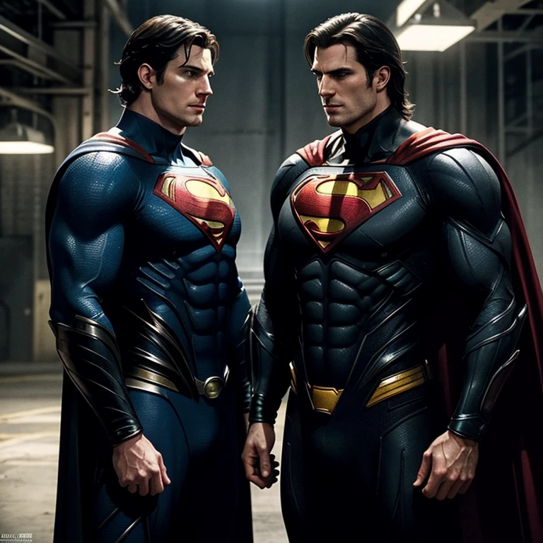An awe-inspiring head-to-head comparison of Superman, portrayed by Henry Cavill, and Batman, brought to life by Christian Bale. A dynamic illustration showcasing their iconic poses, clad in their respective suits - muscular and robust for Superman, sleek and menacing for Batman. Set against an industrial background with a brooding, moody atmosphere, high contrast and vibrant colors bring out the depth and intricacy of their armor and costumes. Realistic lighting adds to the drama, building an intense, high-definition tableau that embodies the spirit of these legendary DC Comics characters. A masterful blend of hyperrealistic illustration, digital