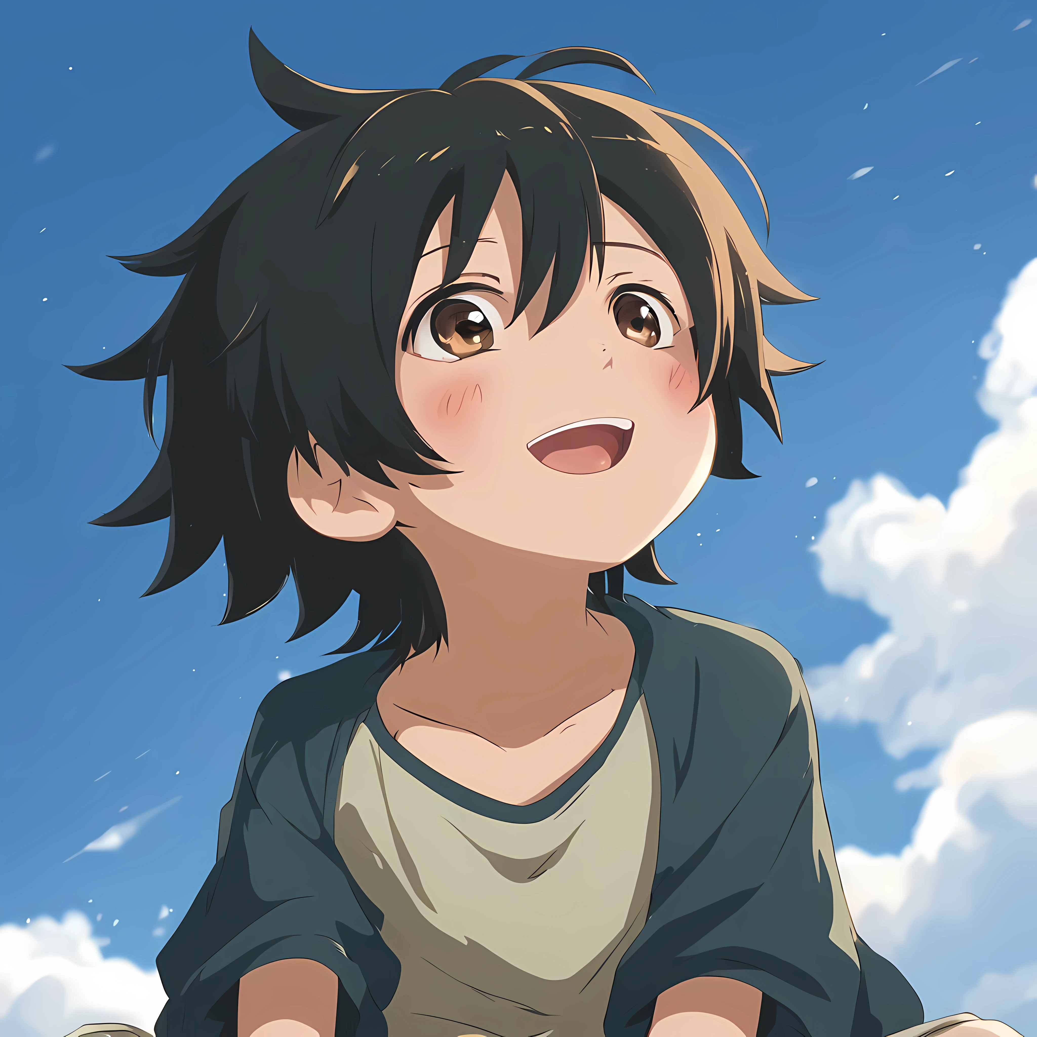 Black-haired, brown-eyed oriental anime boy,cute and naughty,Sitting on the ground looking up at the sky and laughing,face close-up,镜头从contour侧上方看下去,contour,contour,contour,messy hair flying