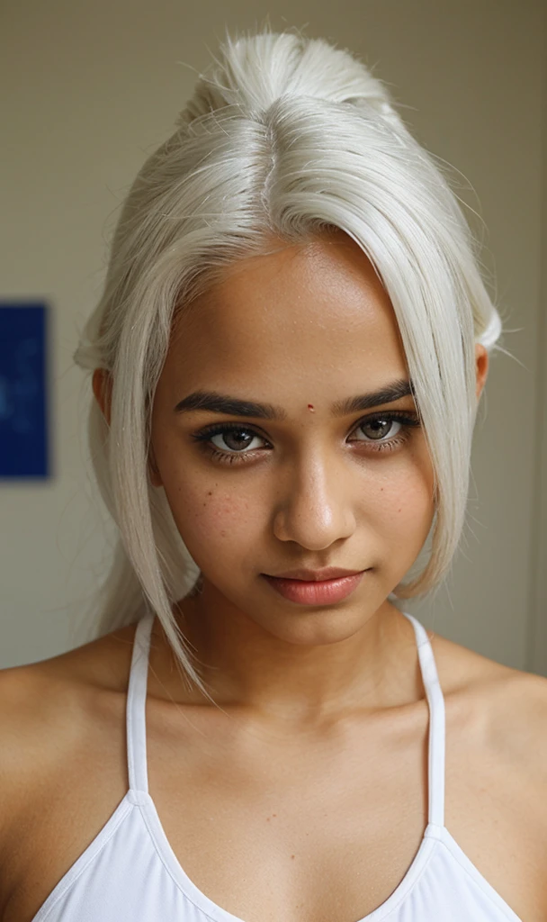 1 girl, Alone, freckle,  , looking at viewer, pony tail , sports outfit, curlies, exposed bare shoulders, white color hair,((half-body view)), ((close-up)), ((************)), ((she is ************:1.1)), indian girl. 17 year old Indian girl, ((large forehead:1.3)),  ((shiny lips:1.1)),  ((long hairstyle)), beautiful hot indian ************ girl, ((beautiful attractive expression)), ((beautiful girl),  ((seductive expression)), ((white hair))