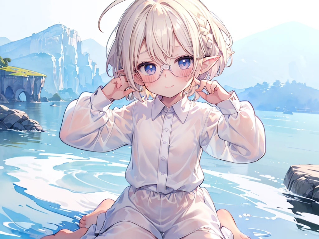 ultra detailed, best quality, high resolution, ((8k)), ((little child:1.3)), solo, pale skin, petite, (glossy blonde hair), (very short hair), blue eyes, (ahoge:1.3), ((rimless glasses)), ((pointy ears)), (blush:1.5), ((single short braid:0.8)), (smile), ((cowboy shot)), ((y white shirt:1.5)), ((watercolor)), ((very long sleeves:1.5)), ((wariza:1.5)), ((bottomless))