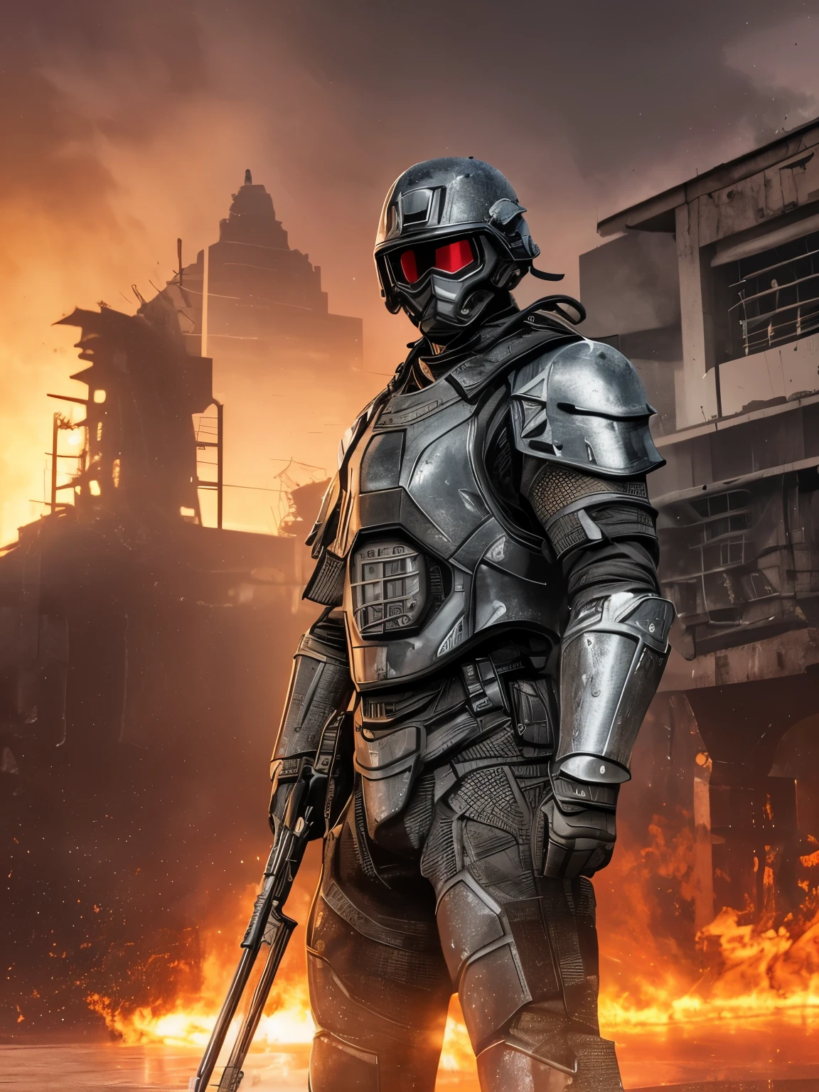 hyperrealistic dark photoshot of indonesia ((military)), mask, helmet, carbon black glasses, M16, bluster, posing, agressive view, acsonometric direction, futuristic architecture, wet jakarta city background, overdetailed texture, hdr+, 8k, QHD, backlighting, glow, unreal engine, dynamic lighting, beautyfull refraction, ((low-key lighting, dimly light)), (((intricate electric components surface texture covering armor))), saturated colors, vignette