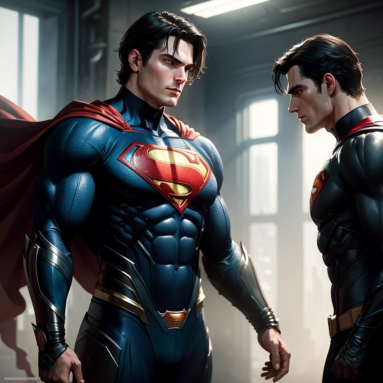 An awe-inspiring head-to-head comparison of Superman, portrayed by Henry Cavill, and Batman, brought to life by Christian Bale. A dynamic illustration showcasing their iconic poses, clad in their respective suits - muscular and robust for Superman, sleek and menacing for Batman. Set against an industrial background with a brooding, moody atmosphere, high contrast and vibrant colors bring out the depth and intricacy of their armor and costumes. Realistic lighting adds to the drama, building an intense, high-definition tableau that embodies the spirit of these legendary DC Comics characters. A masterful blend of hyperrealistic illustration, digital