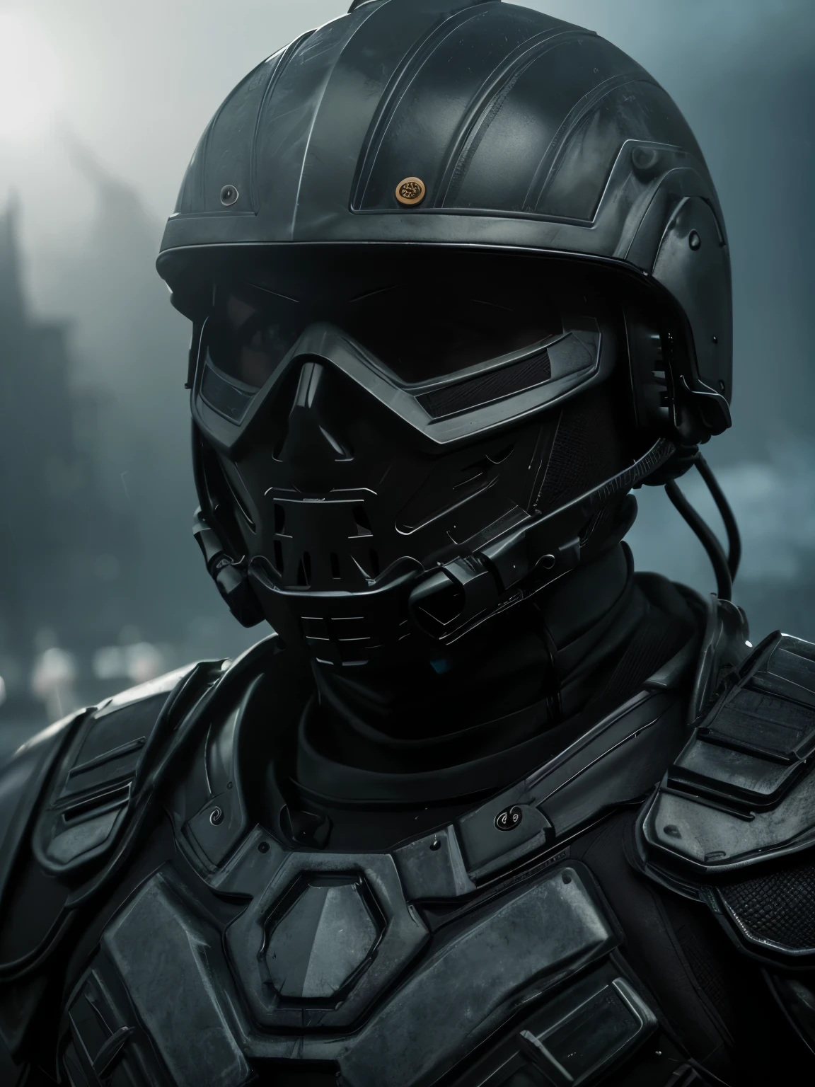 hyperrealistic dark photoshot of indonesia ((military)), mask, helmet, carbon black glasses, M16, bluster, posing, agressive view, acsonometric direction, futuristic architecture, wet jakarta city background, overdetailed texture, hdr+, 8k, QHD, backlighting, glow, unreal engine, dynamic lighting, beautyfull refraction, ((low-key lighting, dimly light)), (((intricate electric components surface texture covering armor))), saturated colors, vignette