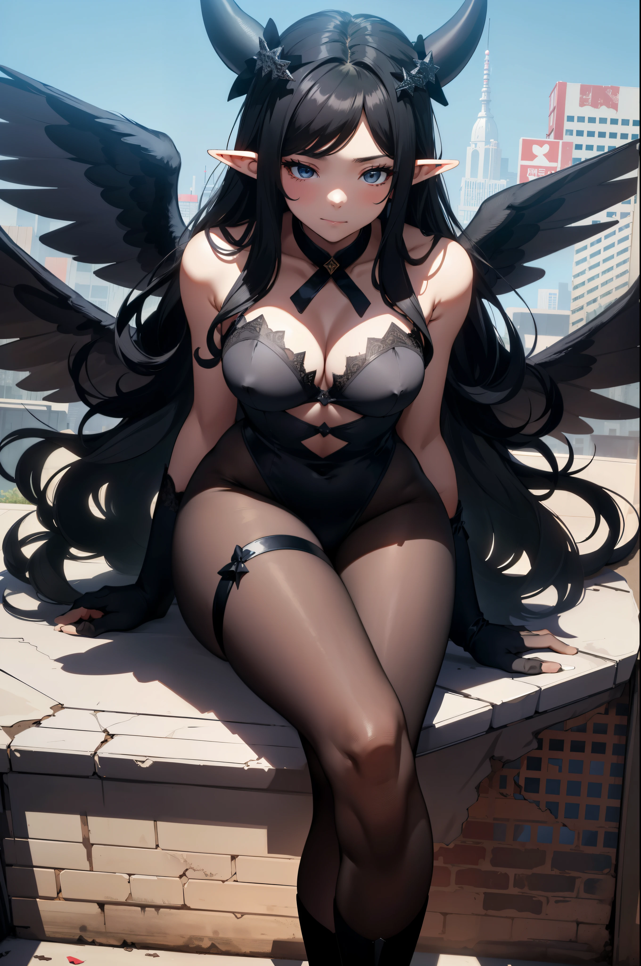 giant girl 50,000 feet high,Weight 1000kg,Has a pair of huge black angel wings,With huge devil horns on his head,wear a crown on your head,Elf wears black earrings on his ears,She has long black hair that reaches her feet,loose hair,Black wavy long curly hair,Wearing a pair of black boots on her feet,Black lace gloves,Black lace pantyhose,Bow and star embellished tights,黑色蕾丝whole body,Standing tall above the small town,Beautiful appearance,Exquisite makeup,quality,8k,高quality,Perfect proportion, Cinema lighting,film grain,Fuji colors,8k,textured skin,Super details,high detail,high resolution,fake smile,blood stains,脚底有blood stains,whole body,fat,elf princess,feather,flowers,Sitting elegantly on a tall building。
