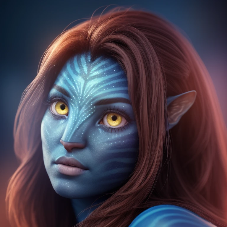 avtr:1.1, avatar style, portrait:1.6, 1girl, female, (blue skin tone:1.0), (long hair:1.0), dark brown hair color:1, 18 years old:1, face wrinkles, wearing tribal clothing, wearing a top, detailed eyes, toned body, muscled body, vibrant colors, glowing, ethereal atmosphere, surrealistic dreamy lighting, textured skin, otherworldly beauty, mesmerizing photography, (best quality, highres), vivid colors, ultrarealistic, skin details, striped skin, sfw, face close-up:0.5, ultradetailed body, simple blurred background:1