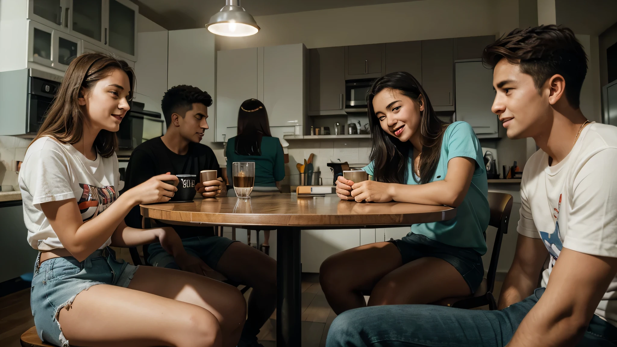 Create an image of a group of 8 students boys and girls having fun in an apartment,sitted around a table and drinking coffee. The image should convey a sense of positivity and fun, and suggest that your service can help students find an apartment where they will feel at home., 4 Kodak Portra 400 ,camera f1.6 lentes ,cores ricas ,hyper realistic ,textura realista, dramatic lighting , cinestill 800,
