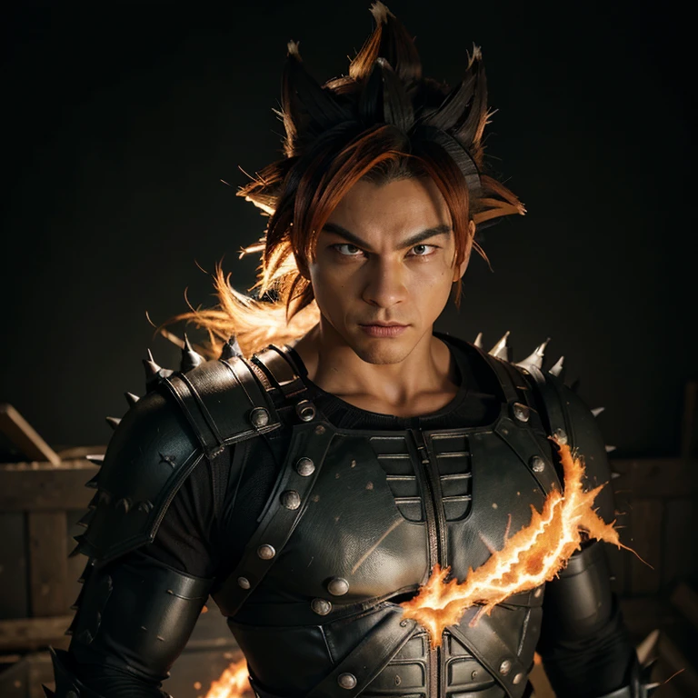 Goku, the iconic Saiyan warrior, dons a new formidable look with the Spawn suit. The black armor hugs his muscular frame, adding an edgy and menacing appearance to his usually peaceful demeanor. His spiky orange hair juts out from under the helmet, contrasting starkly against the dark suit. The intricate details of the Spawn suit are accentuated under the studio illumination, making each line and texture pop with high definition. Despite the drastic change in appearance, Goku's determined and fierce spirit remains unaltered, ready for any challenge that comes his way.