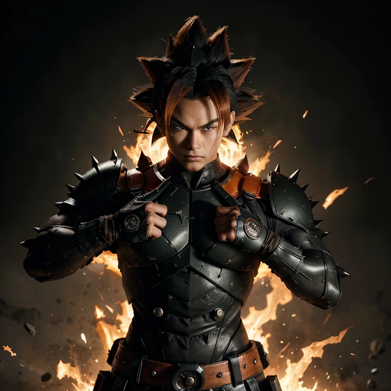 Goku, the iconic Saiyan warrior, dons a new formidable look with the Spawn suit. The black armor hugs his muscular frame, adding an edgy and menacing appearance to his usually peaceful demeanor. His spiky orange hair juts out from under the helmet, contrasting starkly against the dark suit. The intricate details of the Spawn suit are accentuated under the studio illumination, making each line and texture pop with high definition. Despite the drastic change in appearance, Goku's determined and fierce spirit remains unaltered, ready for any challenge that comes his way.