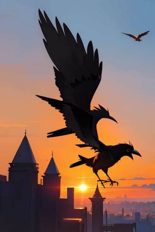 (details), (((beauty))), ((anime)) crow flying in the sunset sky, orange sun