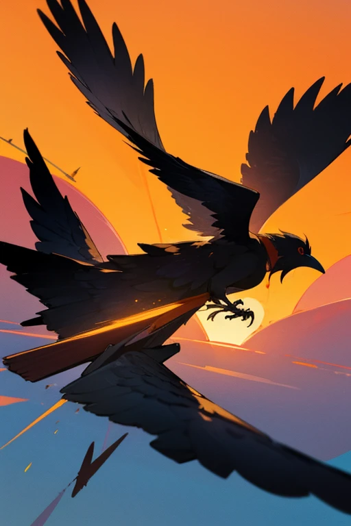 (details), (((beauty))), ((anime)) crow flying in the sunset sky, orange sun