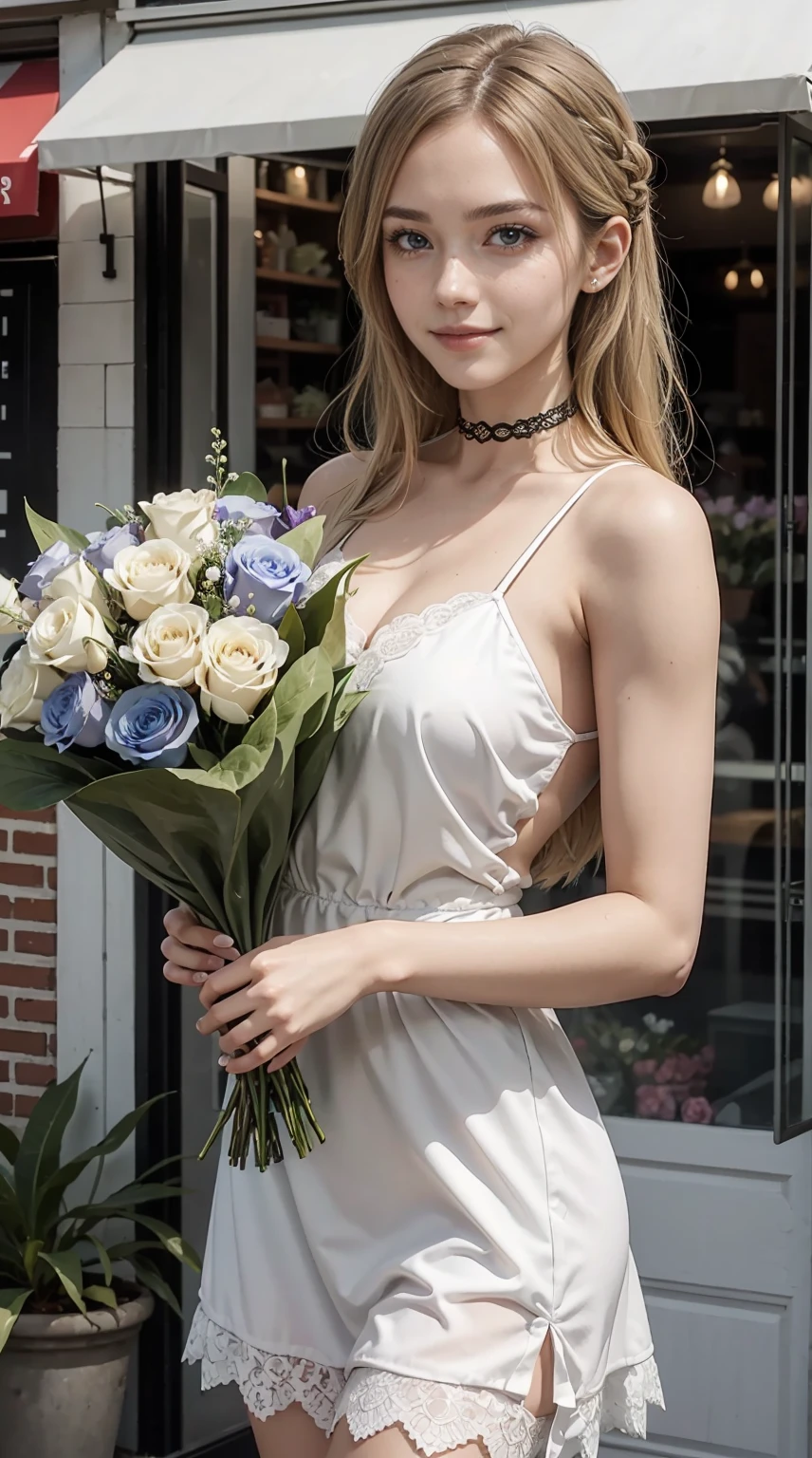 22 year old white female、hair color is blonde、eye color is blue、long hair、Tying up your hair、accessories on wrist、I'm wearing a choker、skin is smooth、smile、Slender but muscular body、My heart is pounding、high resolution、wearing a lace dress、I'm wearing pants、I'm wearing pumps、There is a flower shop where the flowers are in full bloom.、holding a big bouquet of flowers