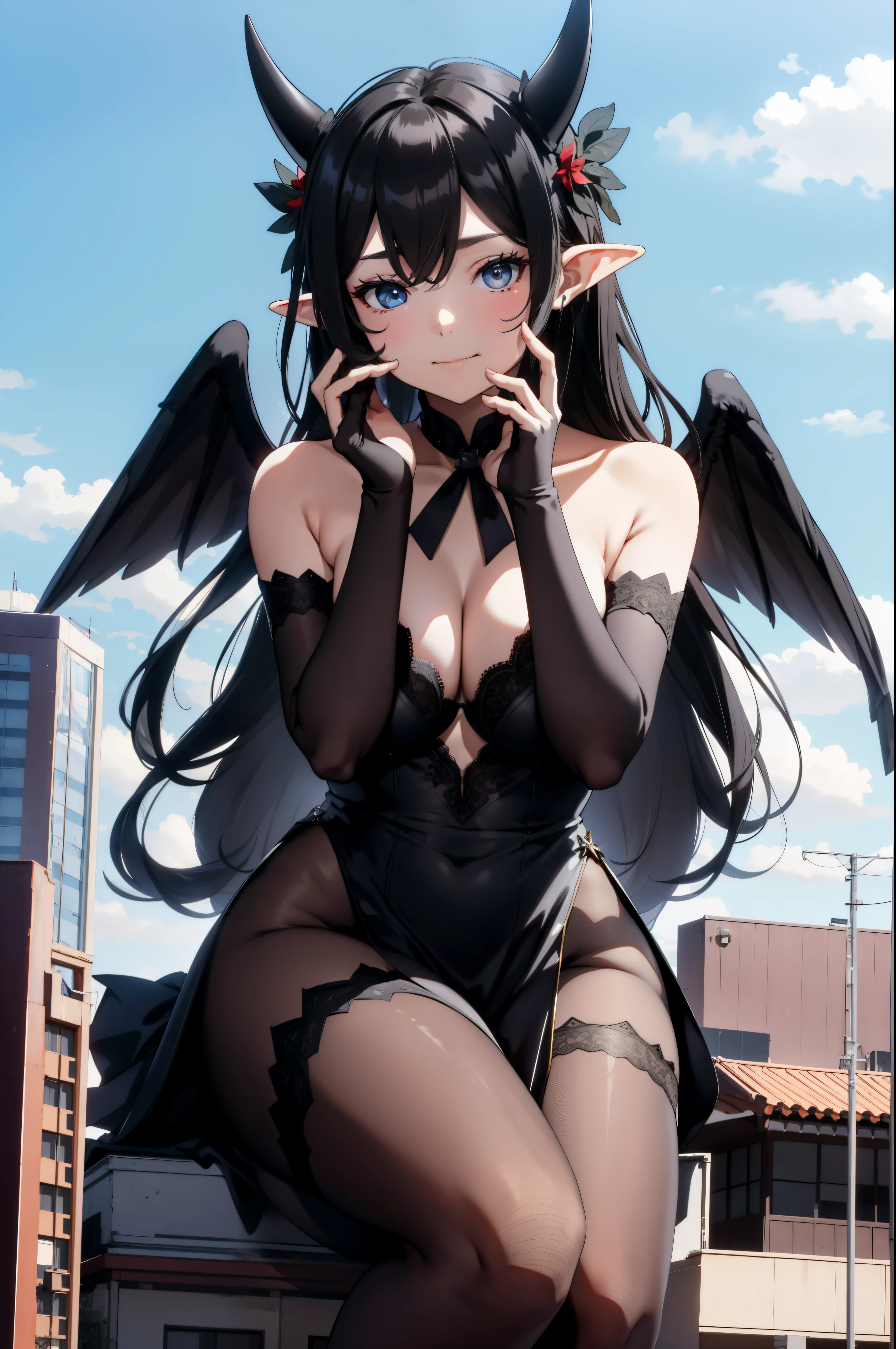 giant girl 50,000 feet high,Weight 1000kg,Has a pair of huge black angel wings,With huge devil horns on his head,wear a crown on your head,Elf wears black earrings on his ears,She has long black hair that reaches her feet,loose hair,Black wavy long curly hair,Wearing a pair of black boots on her feet,Black lace gloves,Black lace pantyhose,Bow and star embellished tights,黑色蕾丝whole body,Standing tall above the small town,Beautiful appearance,Exquisite makeup,quality,8k,高quality,Perfect proportion, Cinema lighting,film grain,Fuji colors,8k,textured skin,Super details,high detail,high resolution,fake smile,blood stains,脚底有blood stains,whole body,fat,elf princess,feather,flowers,Sitting elegantly on a tall building。