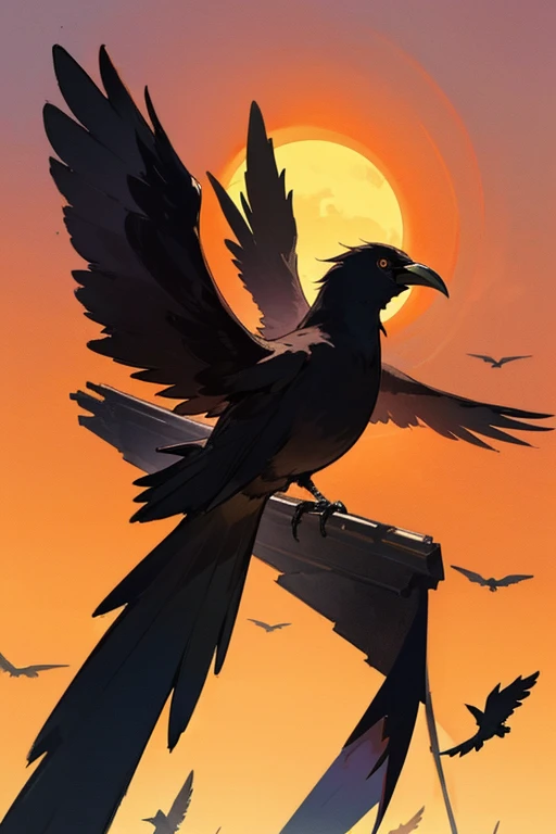 (details), (((beauty))), ((anime)) a crow flying in the sunset sky, orange sun