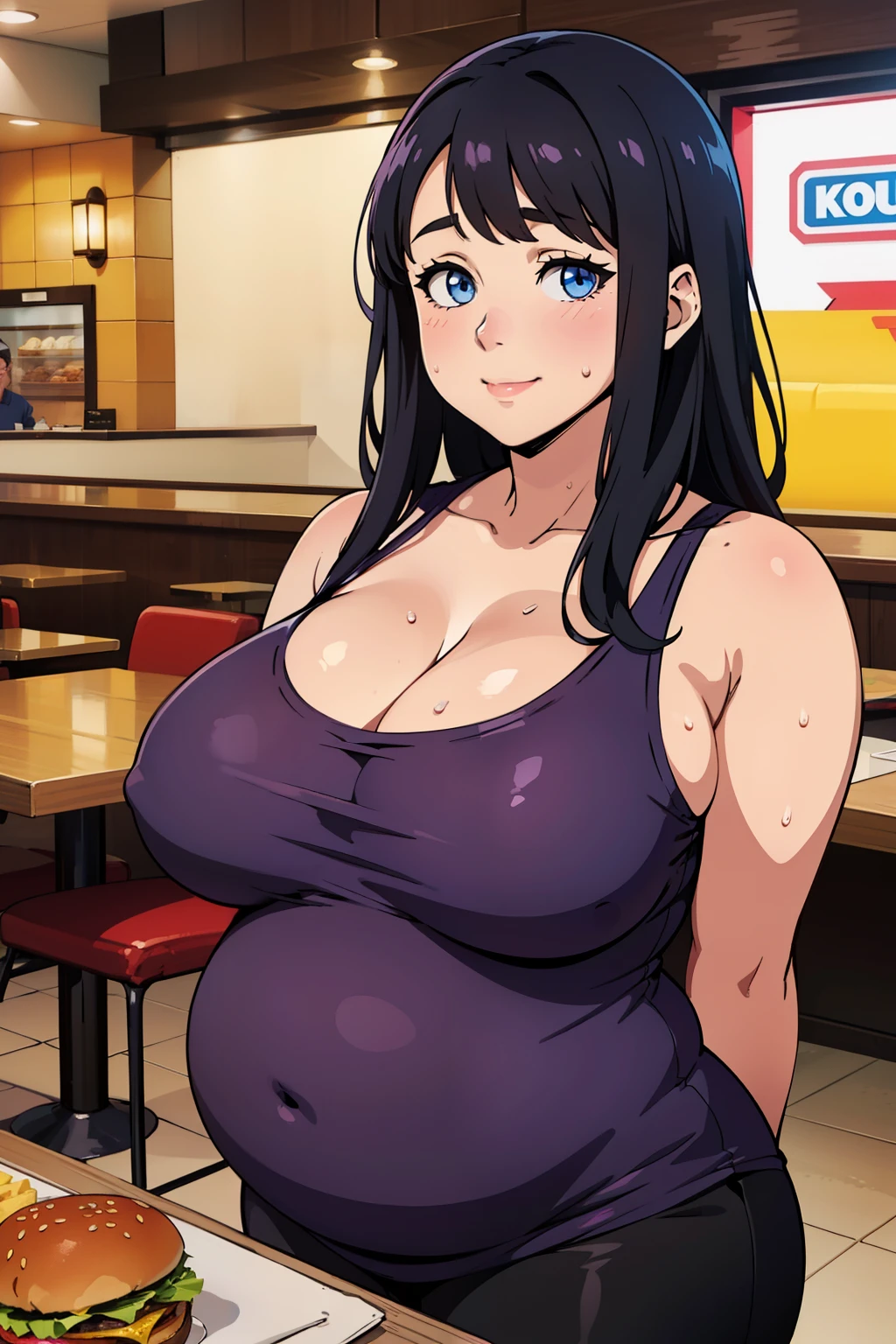 (best quality, masterpiece:1.2), 1girl, solo, cute, smile, detailed background, looking at viewer, solo focus, fast food restaurant, depth of field, (squeezing her chest:1.2), scenery, closed mouth, selling burgers, long hair, hair, blue eyes, black hair, straight hair, hot, sweating, sweaty, purple clothes, see thru, (obesity:1.4), (out of breath:1.3), ((fat folds)), ((chubby, fat arms)), (fat rolls, wide belly:1.2),