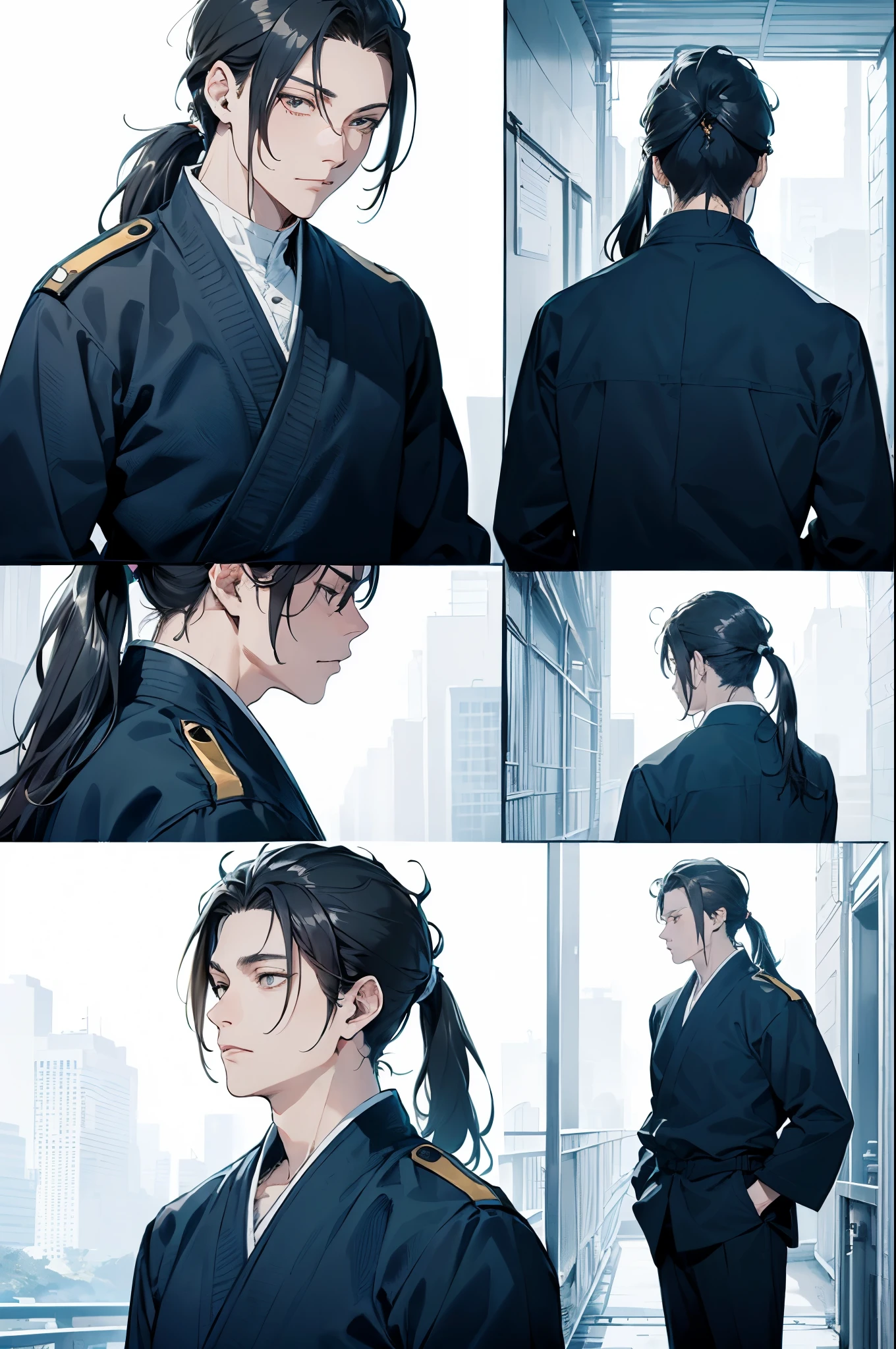 make realistic,(masterpiece，best quality, Beauty and aesthetics：1.2），Heavily detailed, Colorful，Most detailed, (1man), ((black hair)), ((fluffy ponytail)), Looking at the camera, ((Jujutsu sorcerer uniform from jujutsu kaisen)), (jacket long sleeves), ((navy blue clothes)), ((mature male))