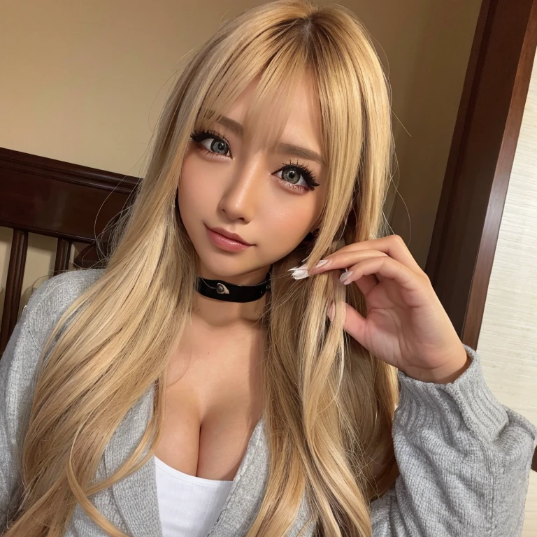 highest quality、masterpiece、Super high resolution、(Photoreal:1.4)、Raw photo、1 girl、blonde、Full body Esbian、big and full breasts、超露出胸のvalley間、erotic、erotic expression、choker、double eyelid、Loose and fluffy perm、medium long hair、school uniform、In the blazer、Hahata、valley、