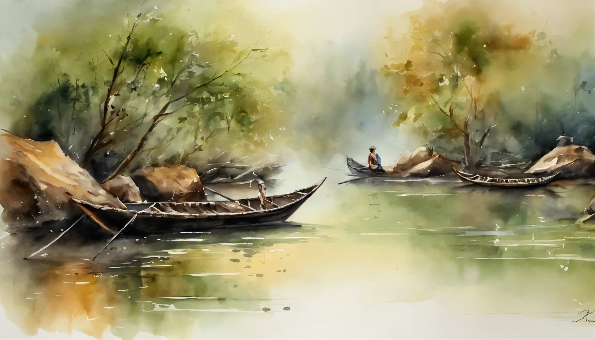 Landscape painting,ink and watercolor painting,water ink,ink,Smudge,an old cabinof Burmese, young novice are on bamboo bridge , Faraway view,Ultra-wide viewing angle,Meticulous,Light boat in the distance,Faraway view,Meticulous,the trees,Smudge,low-saturation,Low contrast,The light boat has crossed the Ten Thousand Heavy Mountains,Beautifully depicted,A detailed,acurate,Works of masters,tmasterpiece