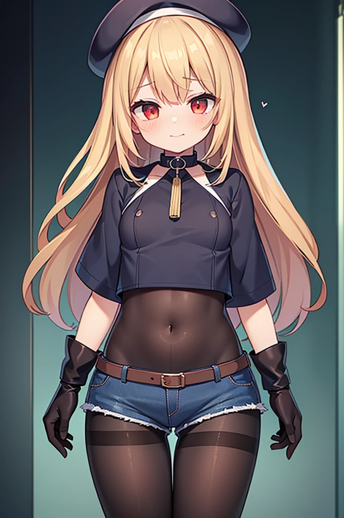 highest quality, extremely detailed, muste piece, 
(one girl:1.4), (small curvaceous loli:1.3), (11 year old girl:1.2), (smirk1.1), (show teeth), (Dark blue long hair:1.5), 
(brown pantyhose(pantyhose up to navel):1.6), (Deep-rise folded denim shorts:1.3), (new beautiful shorts:1.3), 
(high neck innerwear(tight):1.6), (high neck innerwear(expose one&#39;s stomach:1.5)), (high neck innerwear(separated from pantyhose:1.6)), 
(short sleeve jacketを着る:1.3), (short sleeve jacket(roll up sleeves):1.4),  (red eyes(Twinkling Eyes):1.3), 
(Long brown gloves that reach above the elbow:1.5)superimposed on、(open finger gloves:1.3), (Simple belt-shaped black choker:1.3), (blue beret), 
(Slender stomach:1.4), cute legs, [belly fat:1.4], [muscular:1.4], Serra, 

