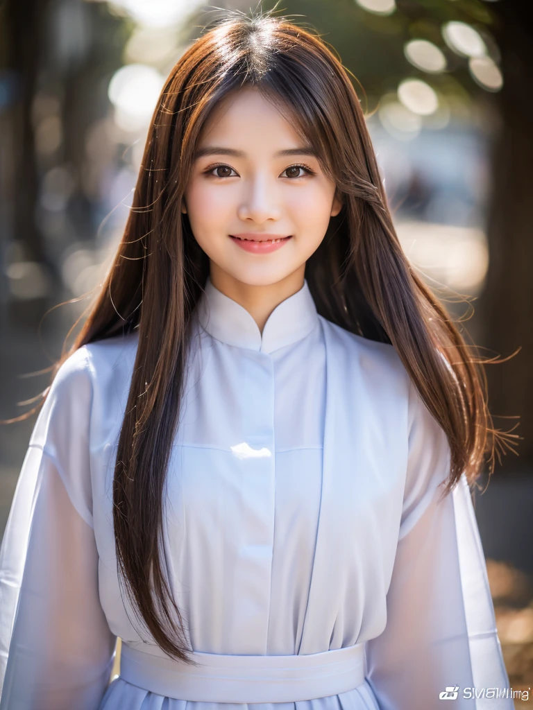 Vietnam girl, smile , long smooth shiny silky silver hair, Realistic lighting, pretty face , Body perfect anatomy,Top Quality, 8K Resolution , full body , High quality, realistic , Cinematic, Aesthetic, beautiful girl , ao dai = ,