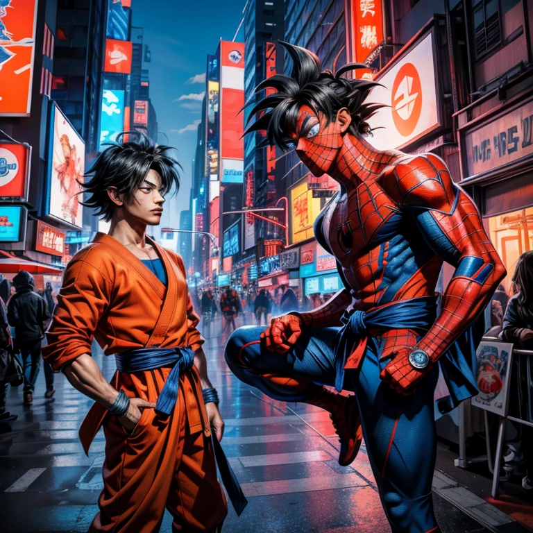 (Top Quality, 4k), Goku and Spider-Man, Two iconic superheroes, Ultra-detailed description, Goku in his blue Gi, blank expression with serious eyes, muscular build and aura radiating, Spider-Man in his red and blue suit, masked face with focused gaze, toned body and web-shooters on wrists, Playful interaction between them in an urban setting, Stepped-on New York City concrete, Graffiti on walls, Neon signs and billboards, Bright and vibrant color scheme, Anime-inspired illustration, Detailed skin texture, Detailed Gi fabric, Realistic face expressions, Intricate web