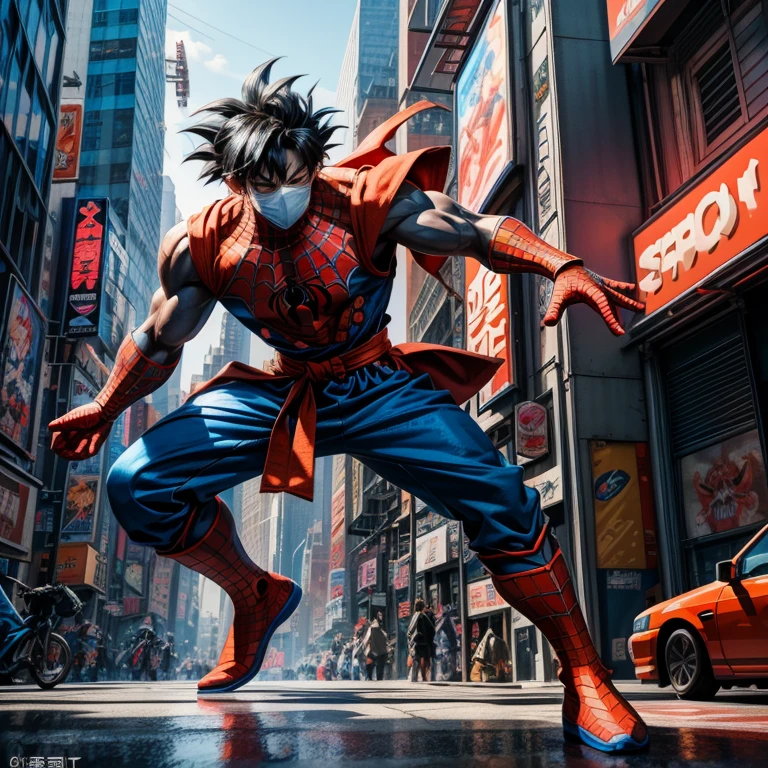 (Top Quality, 4k), Goku and Spider-Man, Two iconic superheroes, Ultra-detailed description, Goku in his blue Gi, blank expression with serious eyes, muscular build and aura radiating, Spider-Man in his red and blue suit, masked face with focused gaze, toned body and web-shooters on wrists, Playful interaction between them in an urban setting, Stepped-on New York City concrete, Graffiti on walls, Neon signs and billboards, Bright and vibrant color scheme, Anime-inspired illustration, Detailed skin texture, Detailed Gi fabric, Realistic face expressions, Intricate web