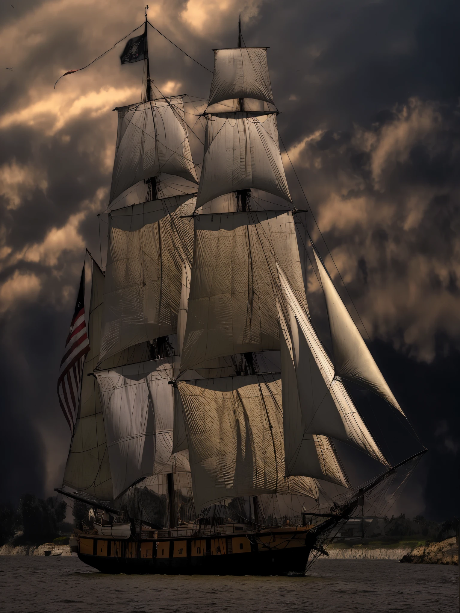 arafed sailboat with white sails on a body of water, sailing ship, sails and masts and rigging, old pirate ship, torn sails, a ship lost in a storm, gothic ship on ocean, sails, against a stormy sky, pirate ship, on a pirate ship background, dramatic nautical scene, inspired by Fitz Henry Lane, ships with sails underneath
