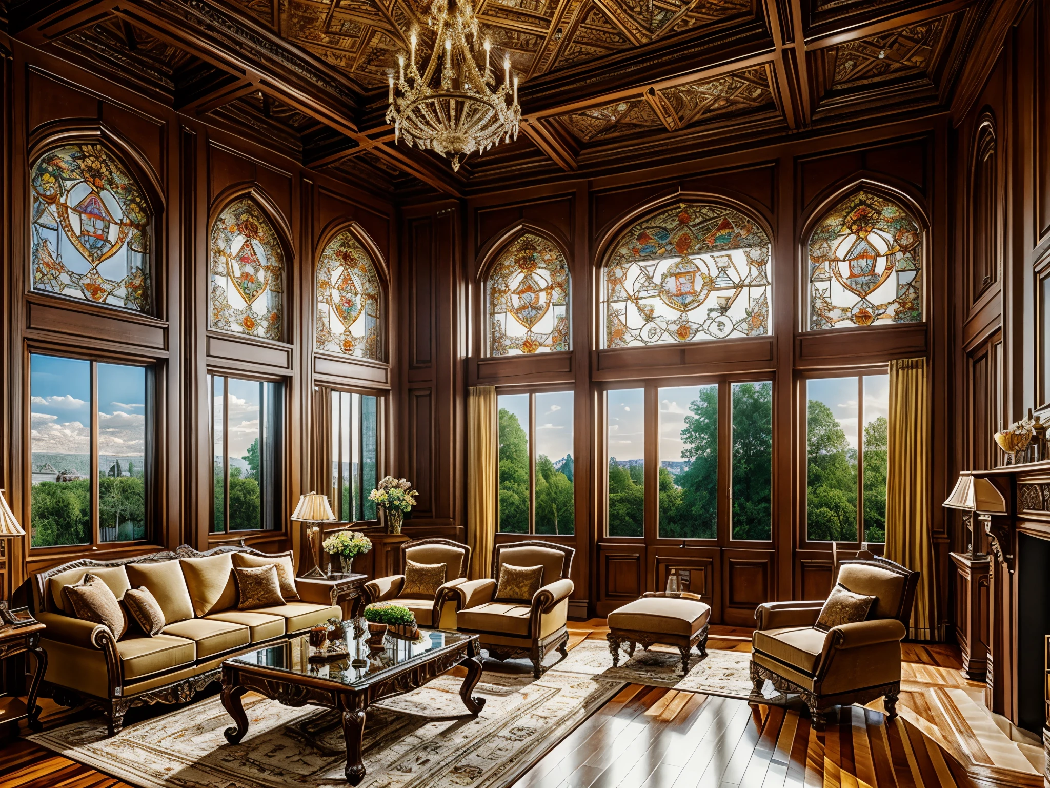 European castle living room, a soft sofa, a coffee table, vases, hanging paintings, square glass windows, wooden furniture, cabinets, intricate carvings, and oil paintings. Warm colors, award-winning masterpieces with incredible detail, large windows