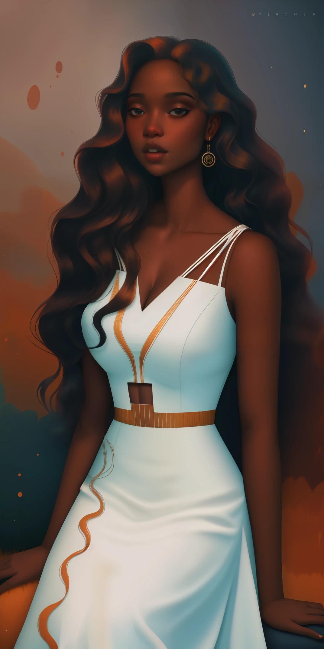 A Congolese black woman with rich dark brown skin, content expression, beautiful, 1woman, intricate detail, long wavy hair, beautiful fitted dress, abstract accents in the background
