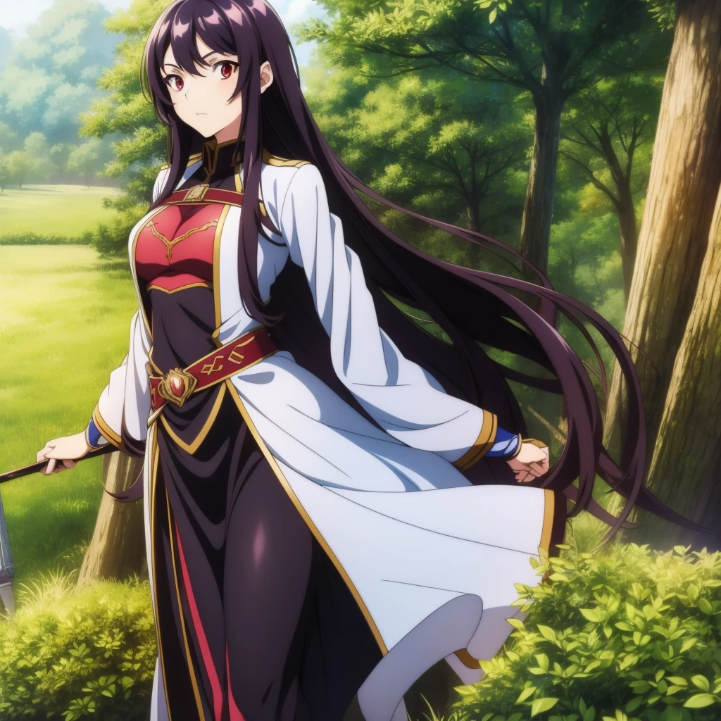 Sword Art Online, official costume, cosplay, solo, black hair, long hair, ((dark red eyes)), beautiful eyes, medium breasts, female hero, female swordsman, white clothes, white aristocratic clothes, miniskirt, sword, sword Detailed images, dynamic poses, jungle scenery, (best quality, masterpiece, high resolution), anime screencaps, anime colors, TV animation art, official art,