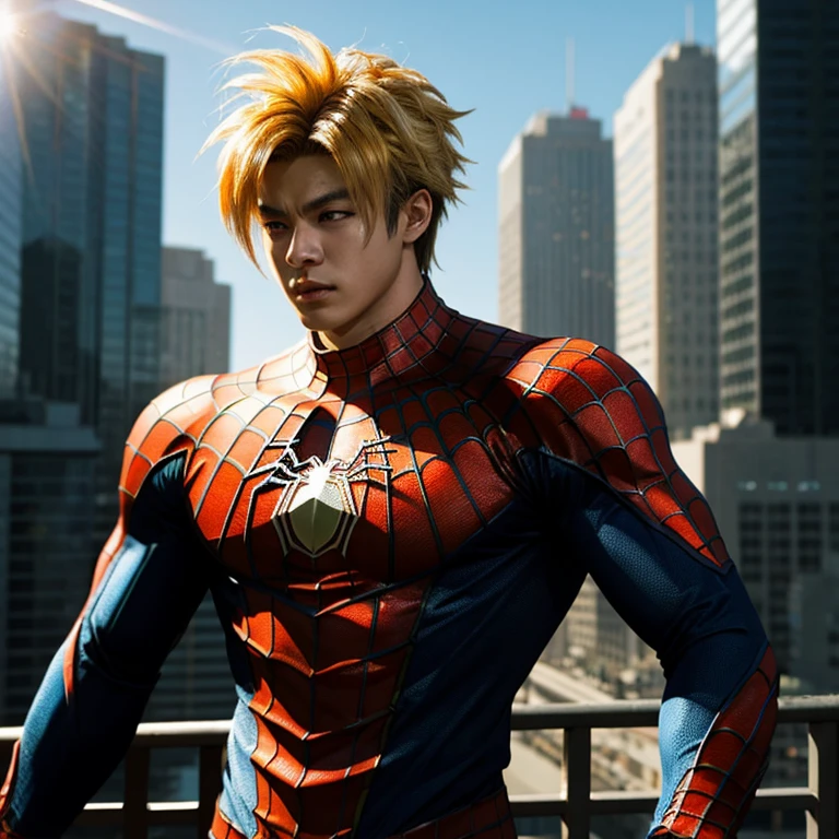 (RAW photo, best quality), (realistic, photo-realistic:1.3), best quality, highly detailed, masterpiece, ultra-detailed, illustration, 2characters, upper_body, dynamic angle, anime art style, superhero theme, Goku wearing Spider-Man suit, highly detailed textures, intricate Spider-Man symbol on chest, vibrant colors, detailed facial features of both characters, vivid background depicting urban cityscape, soft shadows, sharp focus, 4K resolution, Pop art style, Comic book aesthetic, distressed effect on suit texture, Sunlit environment.
Goku, the iconic yellow-haired super Saiyan,