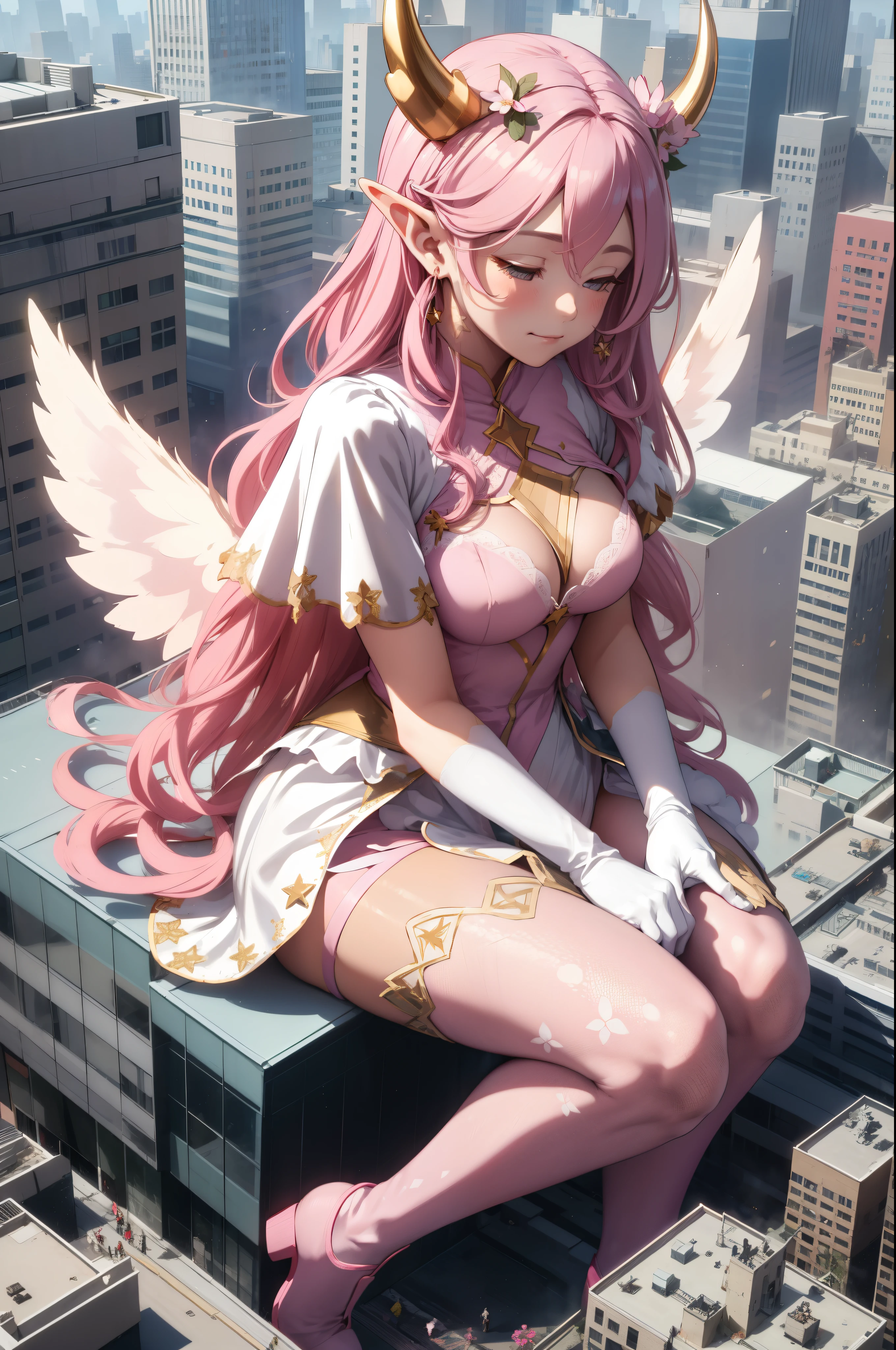 giant girl 50,000 feet high，Weight 1000kg，Has a pair of huge pink angel wings，With huge devil horns on his head，wear a crown on your head，Elf wearing pink earrings，She has long pink hair that reaches her feet，loose hair，Pink wavy long curly hair，Wearing a pair of pink boots on her feet，Pink lace gloves，Pink lace pantyhose，Bow and star embellished tights，粉色蕾丝whole body，Standing tall above the small town，Beautiful appearance，Exquisite makeup，quality，8k，高quality，Perfect proportion, Cinema lighting，film grain，Fuji colors，8k，textured skin，Super details，high detail，high resolution，fake smile，blood stains，脚底有blood stains，whole body，fat，elf princess，feather，flowers，Sitting elegantly on a tall building。