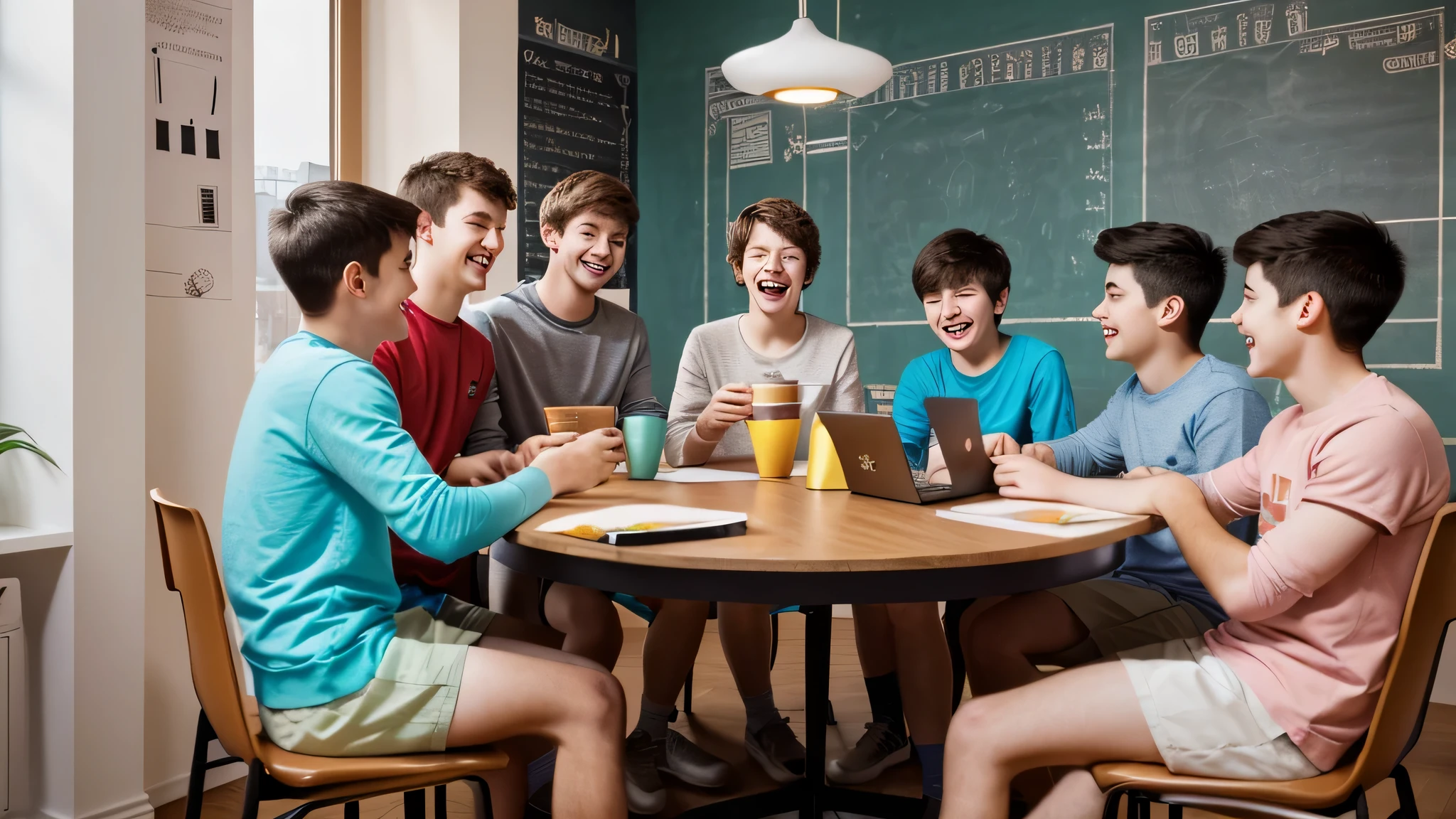 (extremely detailed CG unity 8k wallpaper),  image of a group of 8 students boys and girls having fun in an apartment,sitted around a table and drinking coffee. The image should convey a sense of positivity and fun, and suggest that your service can help students find an apartment where they will feel at home.