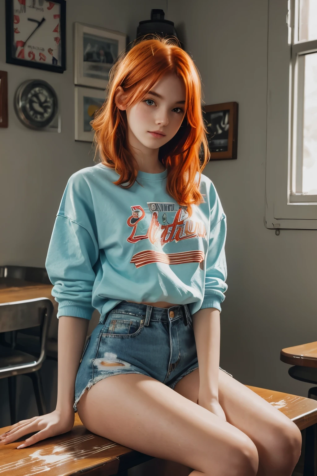 (best quality), ultra-detailed, super detailed skin, cute, lovely, extremely detailed, 8K, solo, 1girl, detailed background, 50's American diner, indoor, 💫, ⭐️,🌟, ✨, dynamic angle, beautiful eyes, blash,((streetwear)), denim shorts, (emphasis splatter ), splatter, graffiti, ❤️ ,motion,(croptop:0.8), piercing,(ginger hair), freckles, teenager, pale skin, (HDR:1), sitting, table,