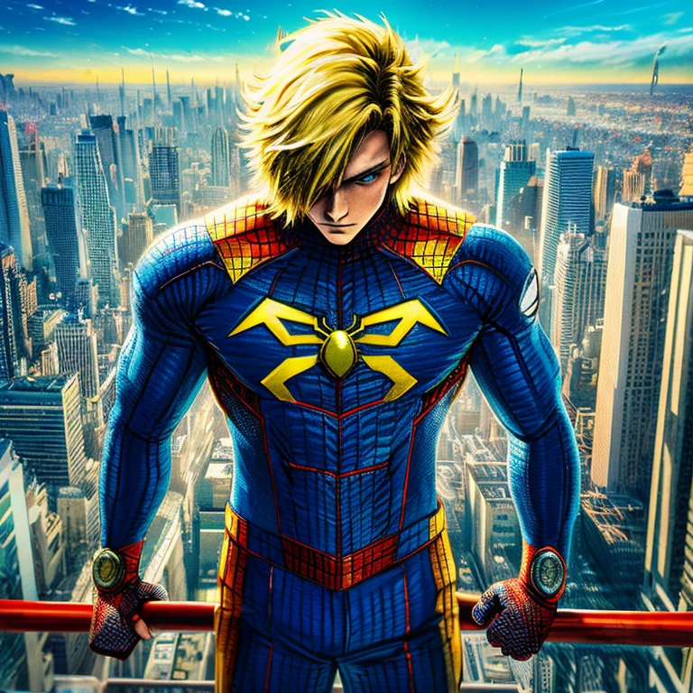 (RAW photo, best quality), (realistic, photo-realistic:1.3), best quality, highly detailed, masterpiece, ultra-detailed, illustration, 2characters, upper_body, dynamic angle, anime art style, superhero theme, Goku wearing Spider-Man suit, highly detailed textures, intricate Spider-Man symbol on chest, vibrant colors, detailed facial features of both characters, vivid background depicting urban cityscape, soft shadows, sharp focus, 4K resolution, Pop art style, Comic book aesthetic, distressed effect on suit texture, Sunlit environment.
Goku, the iconic yellow-haired super Saiyan,