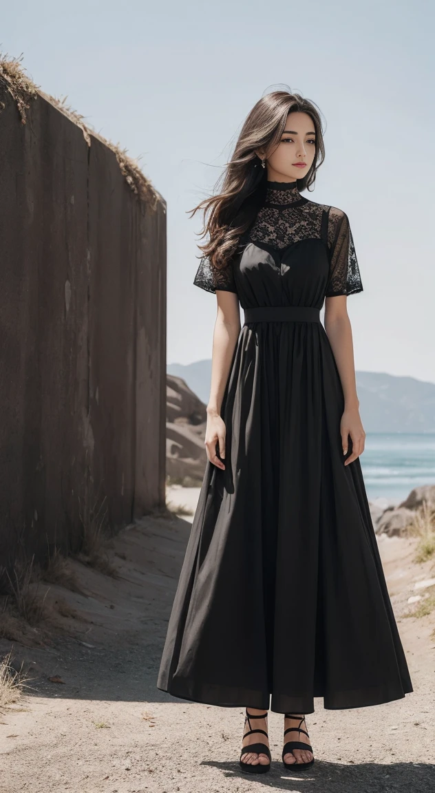 face lighting,bright backlight,ultra high resolution,highest quality,photograph,4K,Biz,1 girl,removed sleeve,alone,dress,gray hair,long hair,(black eye:1.2),red dress,(whole body:1.5),looking at the viewer,