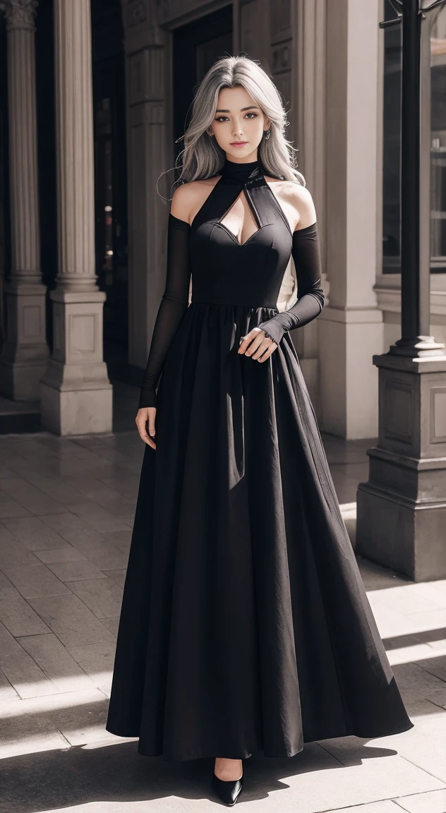face lighting,bright backlight,ultra high resolution,highest quality,photograph,4K,Biz,1 girl,removed sleeve,alone,dress,gray hair,long hair,(black eye:1.2),red dress,(whole body:1.5),looking at the viewer,
