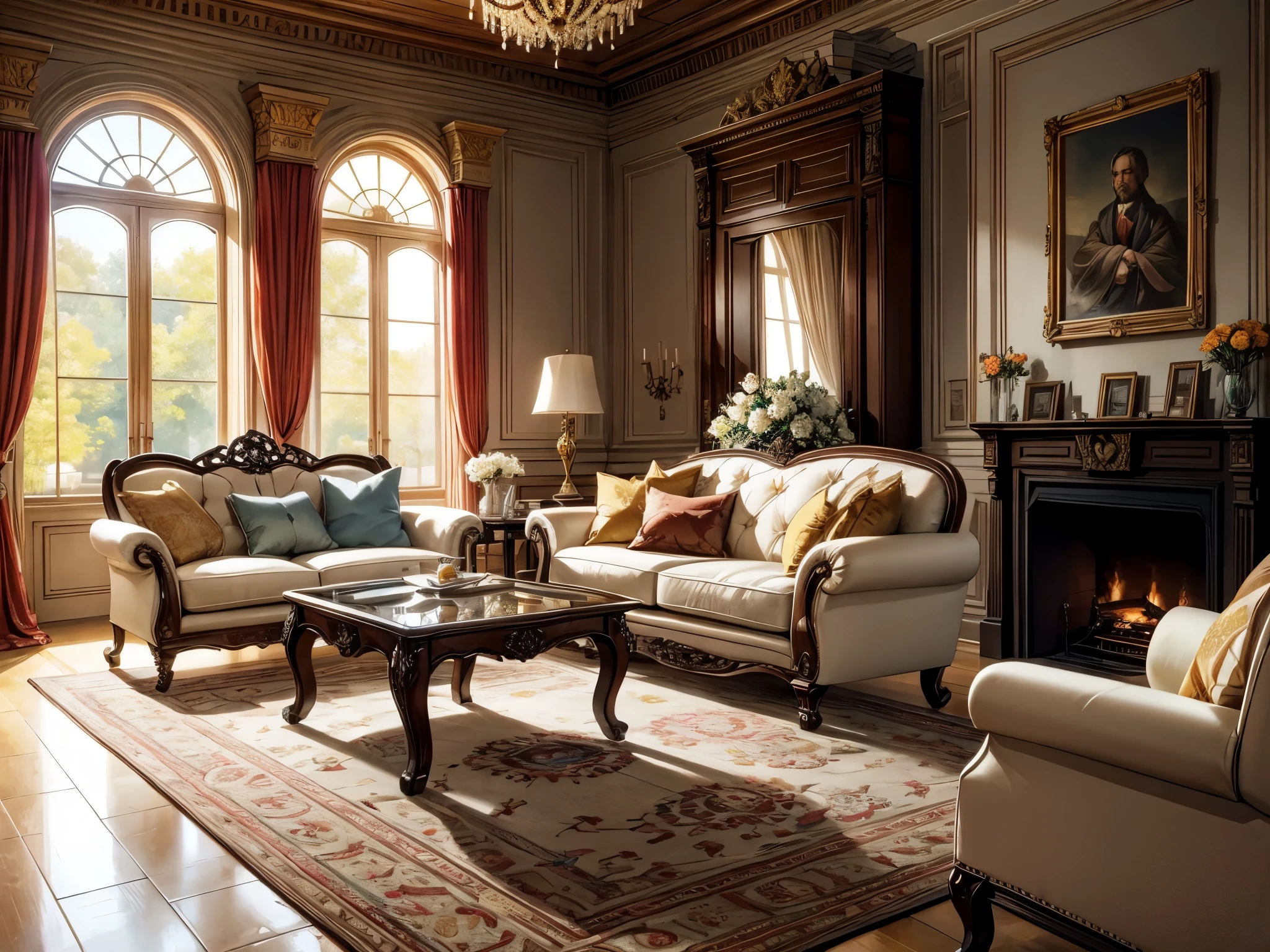European castle living room, a soft sofa, a coffee table, vases, hanging paintings, square glass windows, wooden furniture, cabinets, intricate carvings, and oil paintings. Warm colors, award-winning masterpieces with incredible detail, large windows