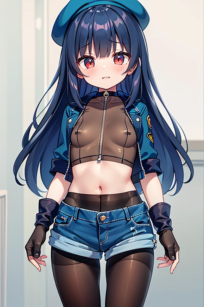 highest quality, extremely detailed, muste piece, 
(one girl:1.4), (small curvaceous loli:1.3), ( girl:1.2), (smirk1.1), (show teeth), (Dark blue long hair:1.5), 
(brown pantyhose(pantyhose up to navel):1.6), (Deep-rise folded denim shorts:1.3), (new beautiful shorts:1.3), 
(high neck innerwear(tight):1.6), (high neck innerwear(expose one&#39;s stomach:1.5)), (high neck innerwear(separated from pantyhose:1.6)), 
(short sleeve jacketを着る:1.3), (short sleeve jacket(roll up sleeves):1.4),  (red eyes(Twinkling Eyes):1.3), 
(Long brown gloves that reach above the elbow:1.5)superimposed on、(open finger gloves:1.3), (Simple belt-shaped black choker:1.3), (blue beret), 
(Slender stomach:1.4), cute legs, [belly fat:1.4], [muscular:1.4], Serra, 

