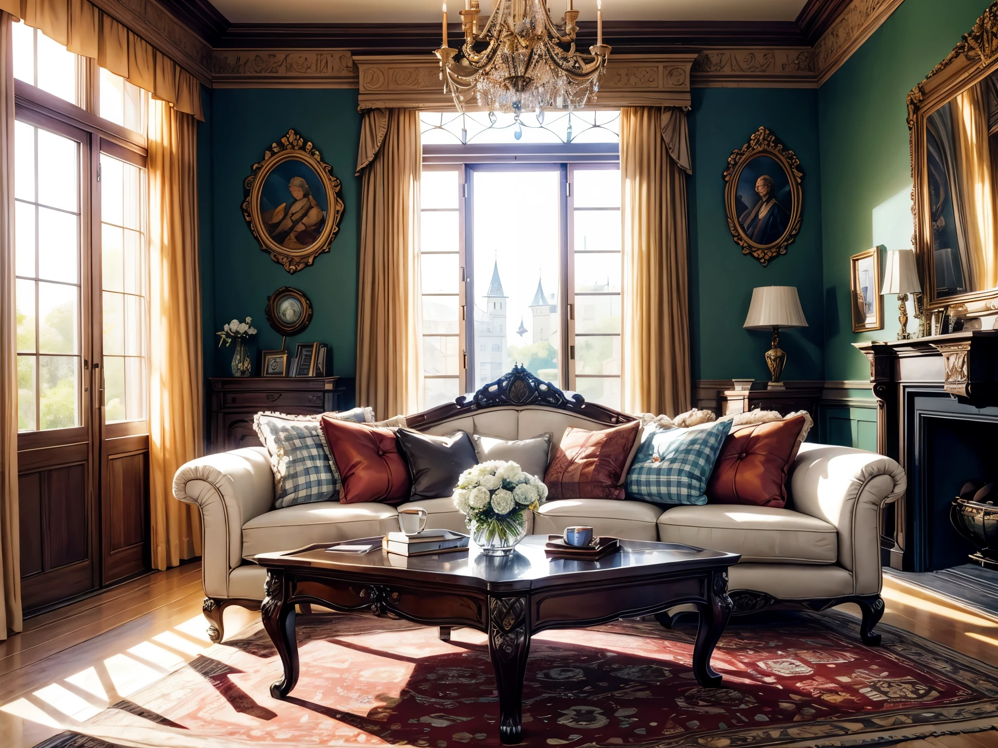 European castle living room, a soft sofa, a coffee table, vases, hanging paintings, square glass windows, wooden furniture, cabinets, intricate carvings, and oil paintings. Warm colors, award-winning masterpieces with incredible detail, large windows