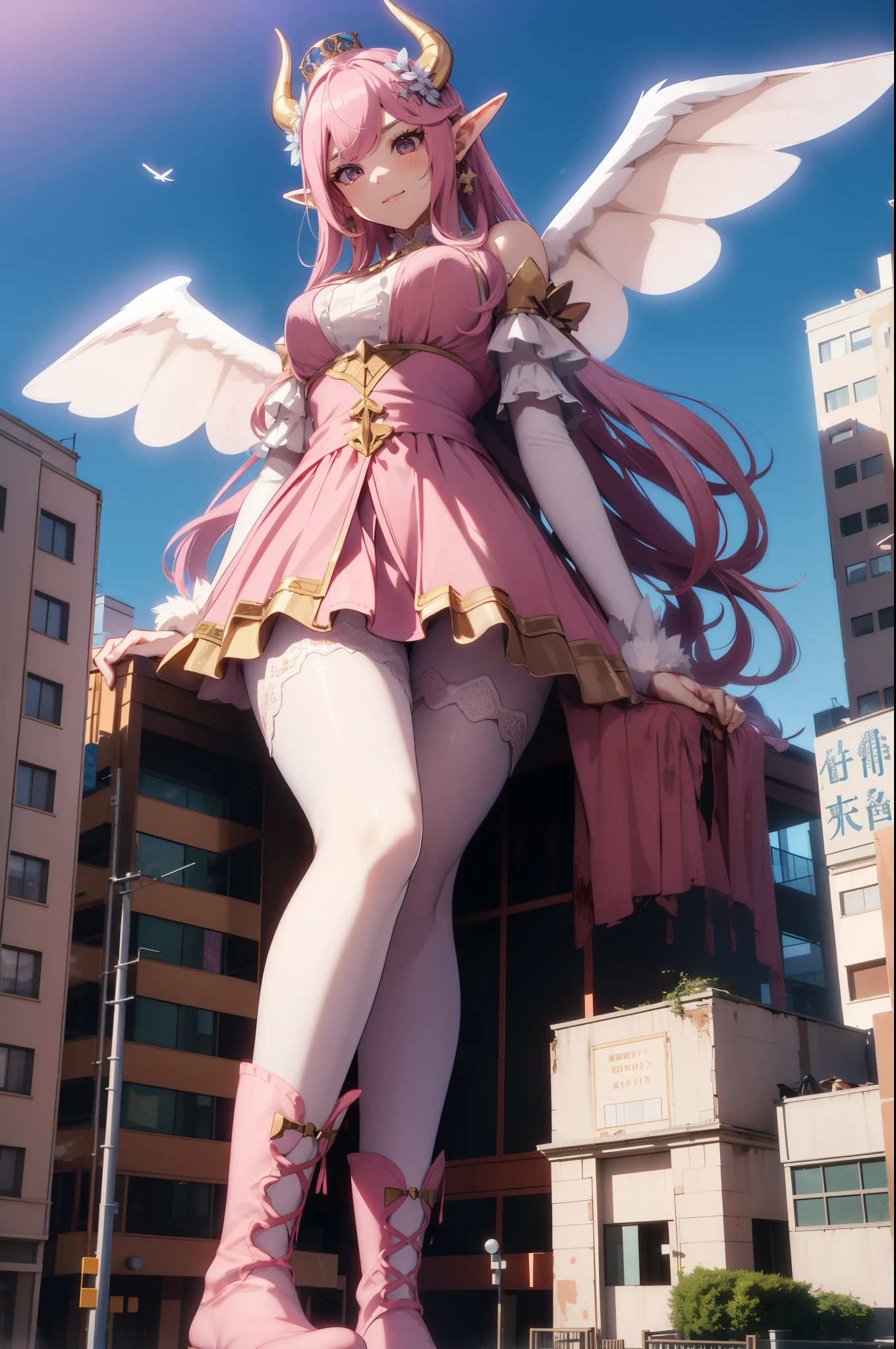 giant girl 50,000 feet high，Weight 1000kg，Has a pair of huge pink angel wings，With huge devil horns on his head，crown on head，Elf wearing pink earrings，She has long pink hair that reaches her feet，loose hair，Pink wavy long curly hair，Wearing a pair of pink boots，Pink lace gloves，Pink lace pantyhose，Pantyhose with bow and star decorations，粉色蕾丝whole body，Standing upright on a small city，Beautiful appearance，Exquisite makeup，quality，8k，高quality，Perfect proportion, Cinema lighting，film grain，Fuji colors，8k，textured skin，Super details，high detail，high resolution，fake smile，blood stains，脚底有blood stains，whole body，Obese，elf princess，feather，flowers，Sitting elegantly on a tall building。