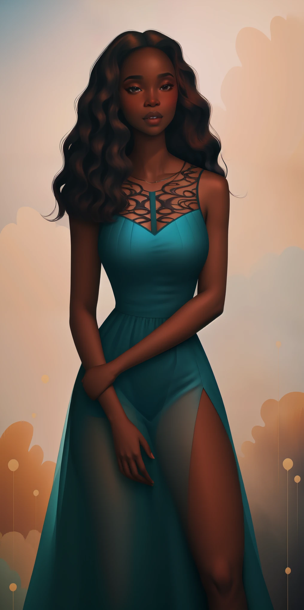 A Congolese black woman with rich dark brown skin, content expression, beautiful, 1woman, intricate detail, long wavy hair, beautiful fitted sheer lace dress, abstract accents in the background