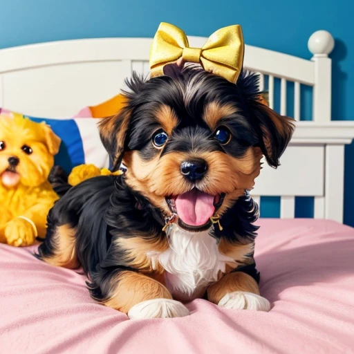 Baby Maltese, yorkshire Terrier, collie or border collie with tongue out mouth open, Golden Retriever, ((bow on head or neck)), dog making a mess in the house, puppy dog tearing up pillow, bedsheet, dog biting shoe. Dog in a championship for the best pet in the world.